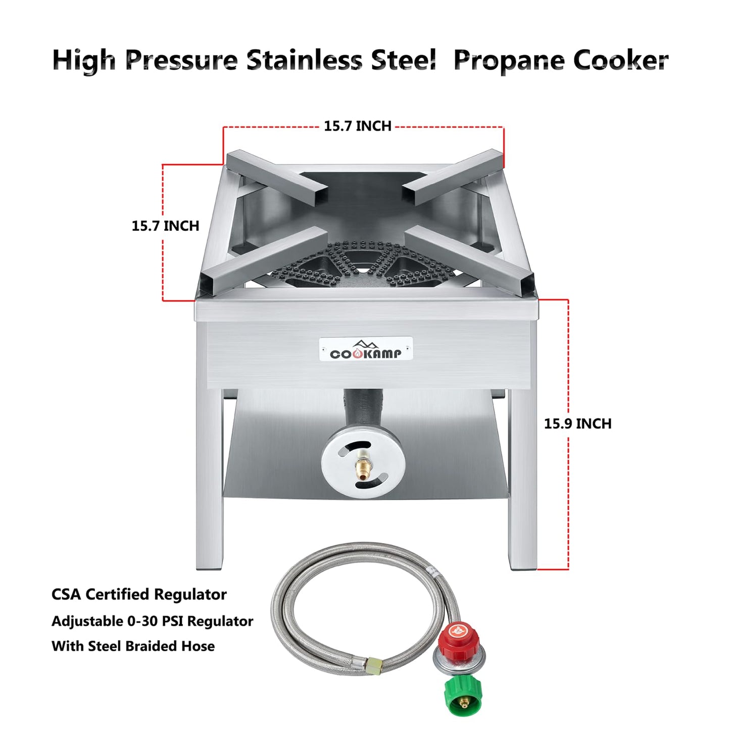 COOKAMP Stainless Steel Burner Propane Burner, 260,000BTU High Pressure Outdoor Propane Cooker, Heavy Duty Gas Burners for Outdoor Cooking For Turkey Fry, Seafood Boil(Stainless Steel) SS1750