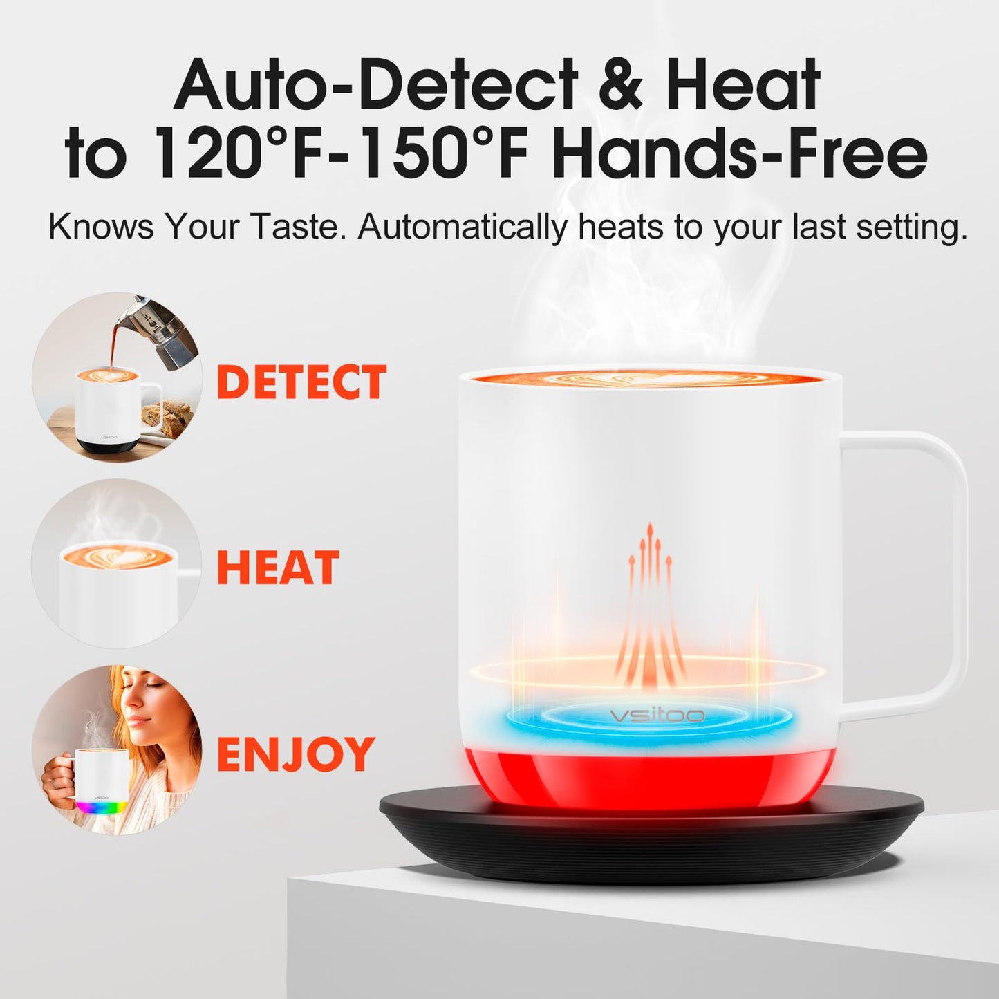 Vsitoo S6 Plus Smart Coffee Mug, 12oz,Temperature Controlled Mug & Electric Coffee Mug with Music Sync Lights,Auto-Sensing AI Heats Drinks to 120-150°F Hands-Free. Ideal for Home/Office/Gifts - White