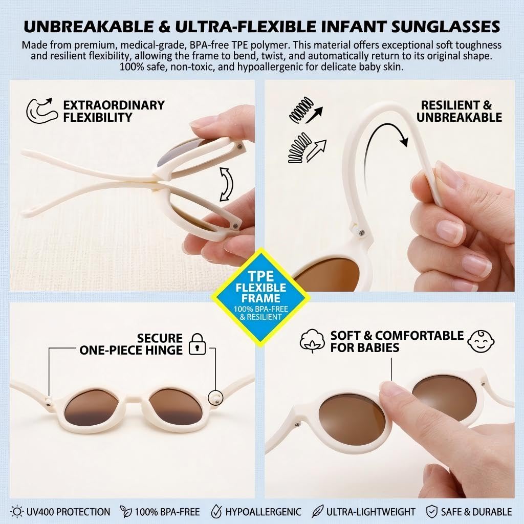 COASION Baby Polarized Round Sunglasses Flexible Rubber Shades with Strap for Toddler Newborn Infant Ages 0-24 Months (Pink/Brown + White/Brown)