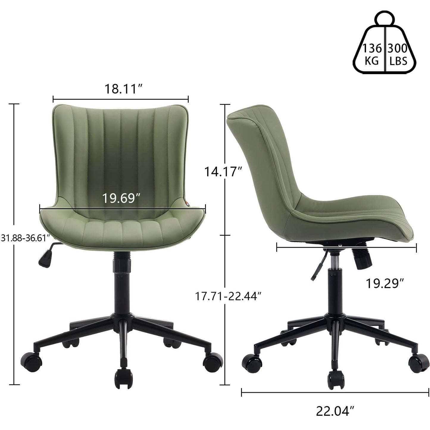 YOUNIKE Armless Home Office Desk Chair with Wheels Compact Comfy Vanity Chair with Adjustable Back Modern Small Leather Upholstered Rolling Swivel Cute Task Drafting Sewing Chair No Arms Olive Green
