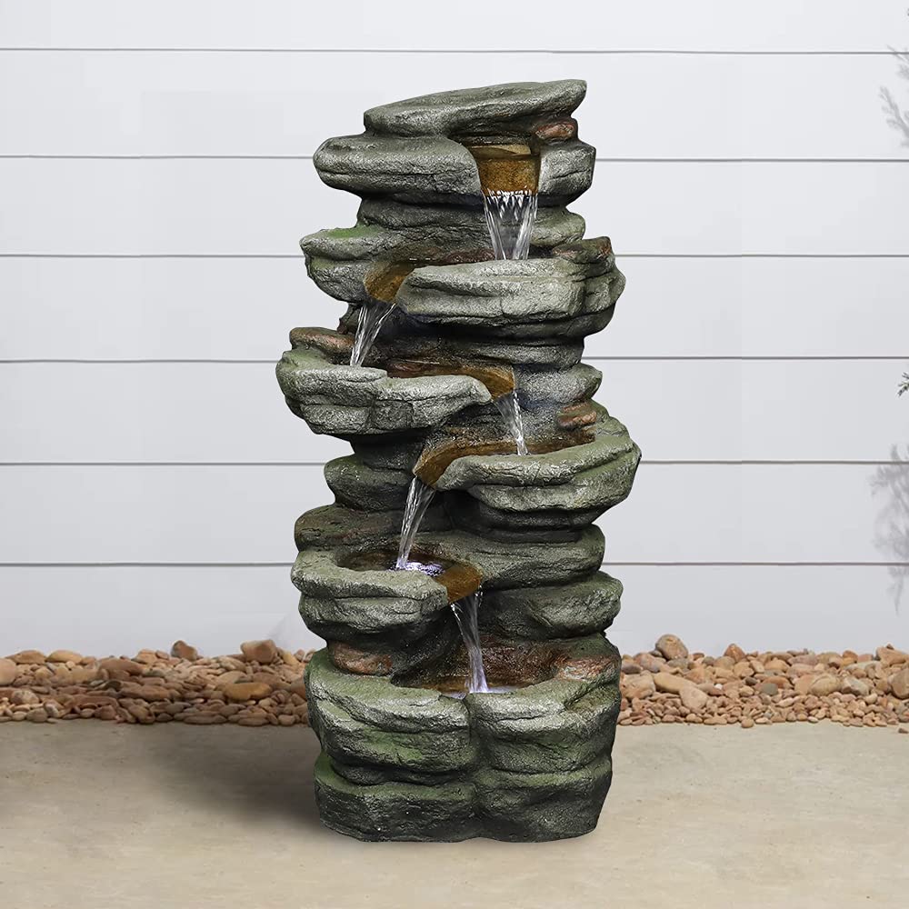 Naturefalls 30.7inches Outdoor Water Fountain - 6-Tiers Rock Waterfall Fountain with Led Lights for Home Garden Decor