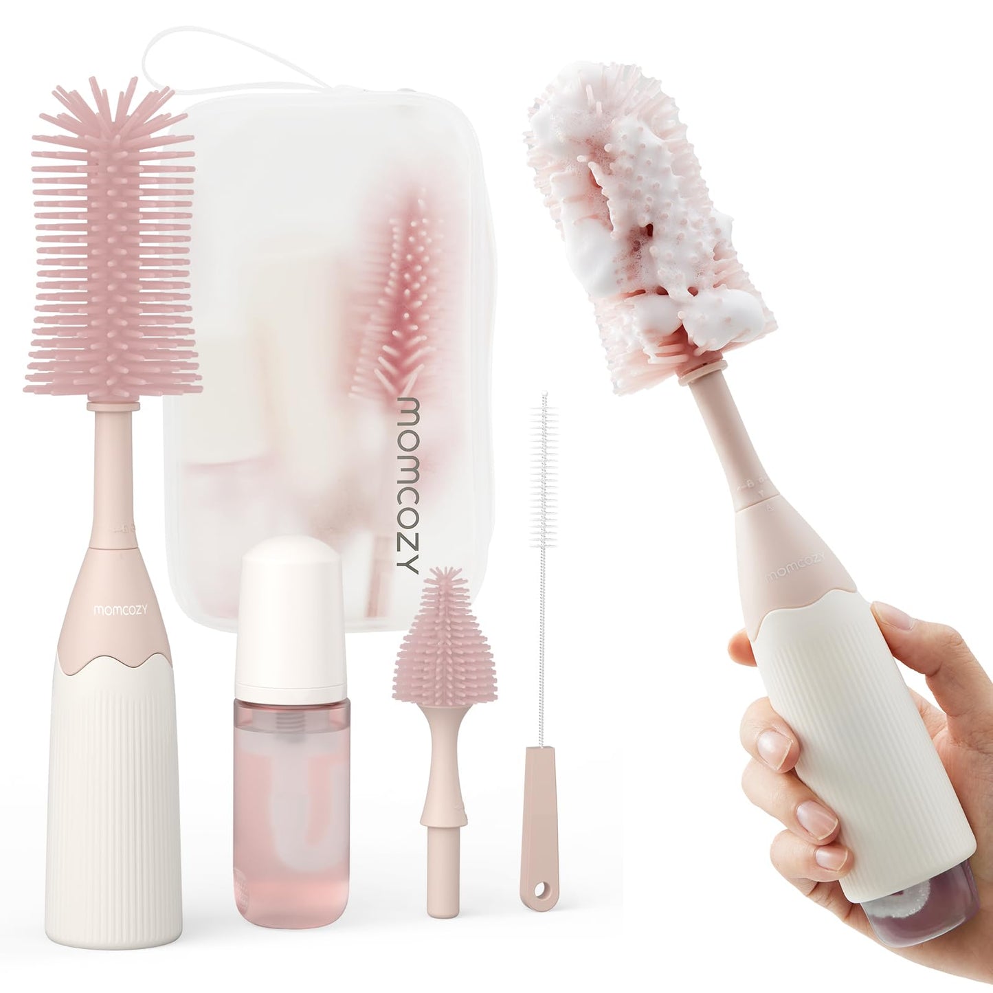 Momcozy Bottle Brush Set - Baby Bottle Cleaner Kit with Silicone Brush, Nipple Brush, Straw Brush, Soap Dispenser, Drying Rack - 7 in 1 Bottle Cleaning Tool for Home and Travel