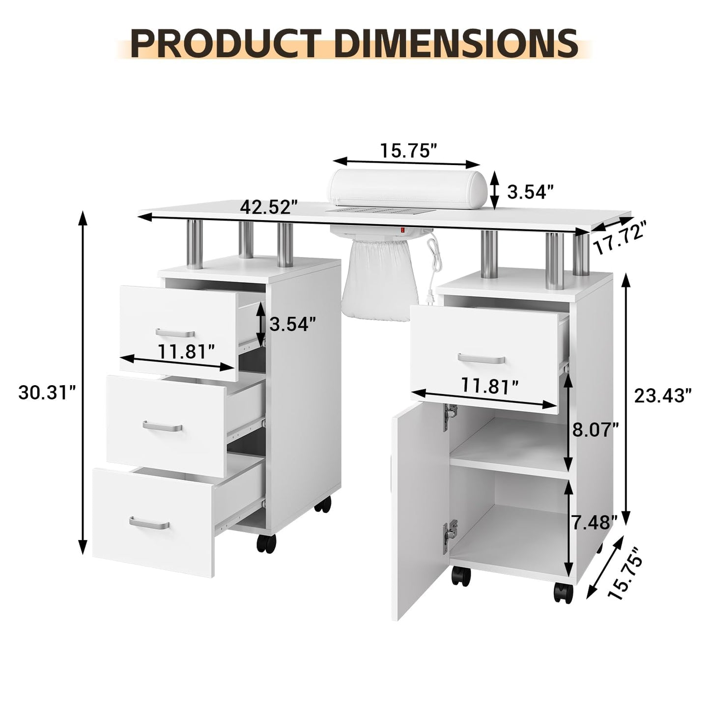CuisinSmart White Manicure Table with Dust Collector, 42" Nail Desk for Nail Tech with Lockable Wheels, 4 Storage Drawers, Arm Rest, Acetone Resistant Top and Storage Cabinet
