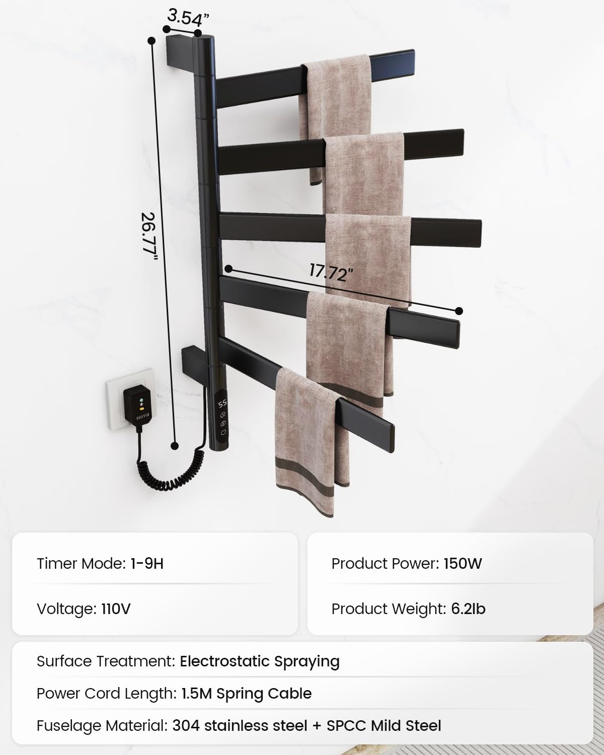 Heated Towel Racks for Bathroom, Wall Mounted Towel Warmer Swivel with Timer & Temp Control, Digital Touch Panel, 110V IPX5 Hardwired & Plug-in