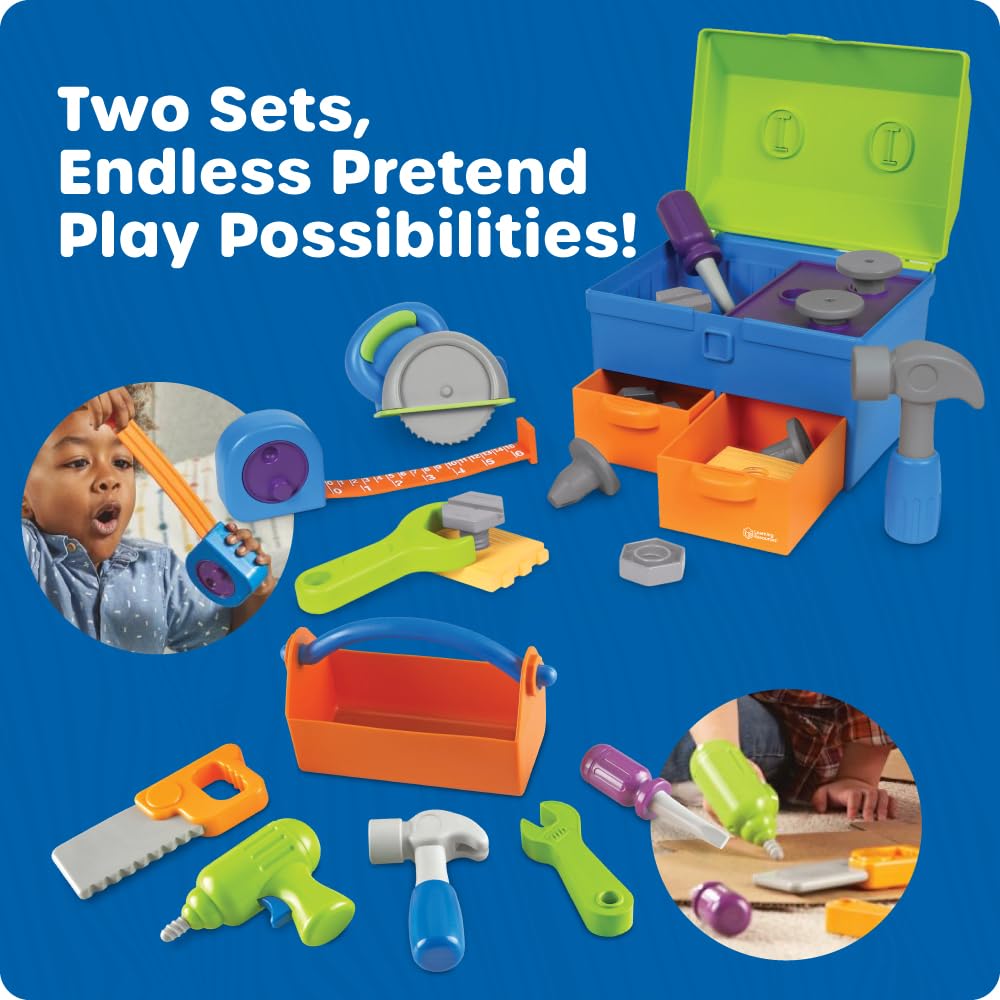 Learning Resources New Sprouts All-in-One Toolbox - Kids Tool Set, Toddler Toys, Fine Motor Skills, Pretend and Play Construction Box, Montessori Drill and Screw Toys, Gifts for Boys and Girls