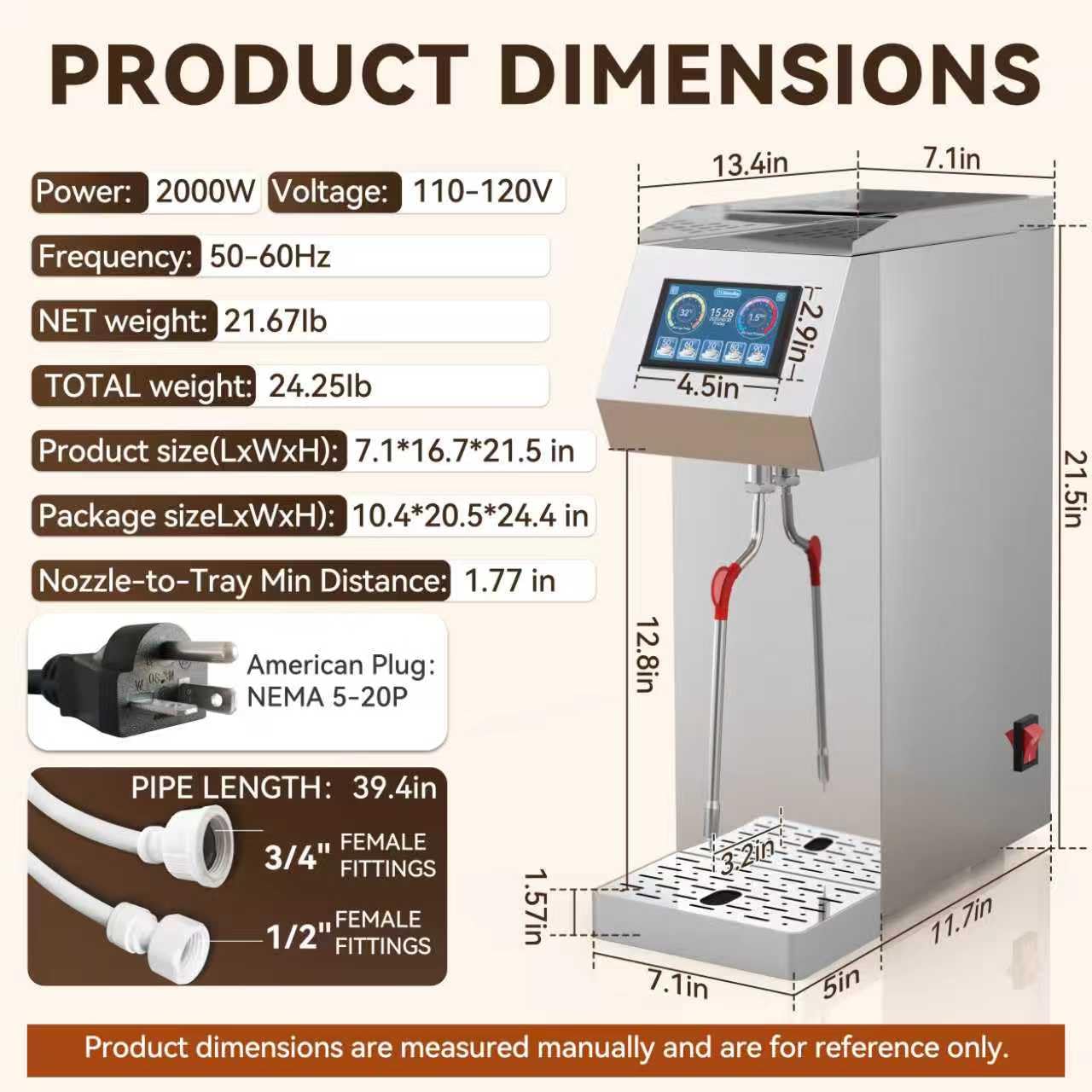 Vtsmax Commercial Milk Frother 2KW, Automatic Stainless Steel Steam Frother with Touch Control LED Display, 6 Temp Settings, External Water Bottle Compatible for Coffee Tea Shop (110-120V)