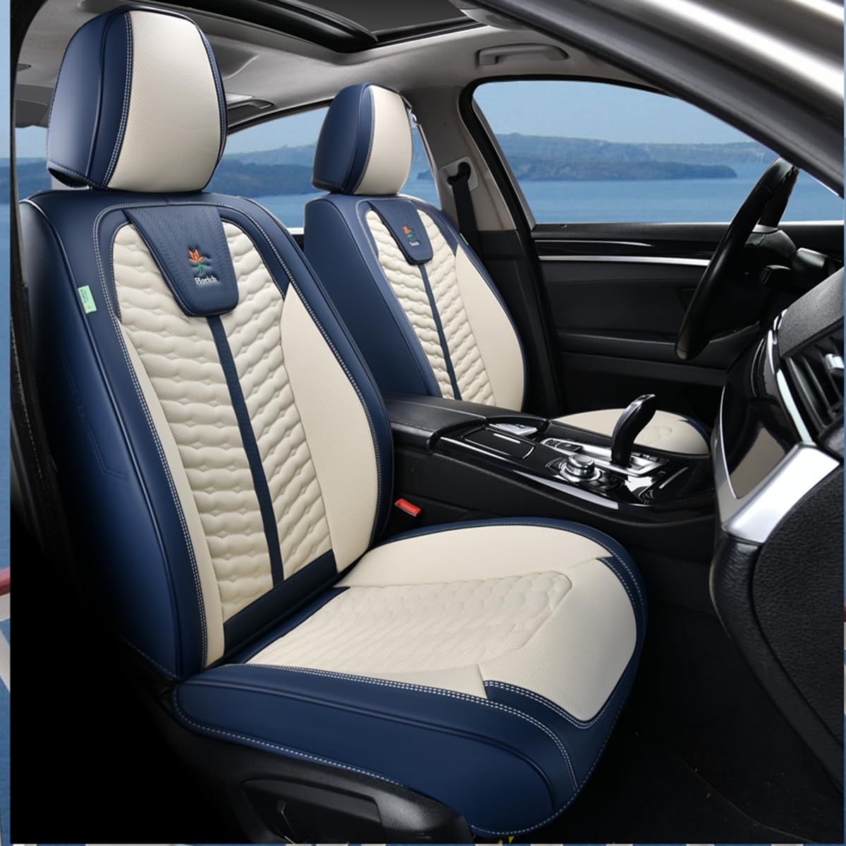FLORICH Seat Covers for Cars, Seat Covers Full Set 5 Seats, Waterproof Leather Car Seat Covers, Front and Rear Seat Covers, Universal Seat Protector Accessories for Most Vehicles-Blue&White