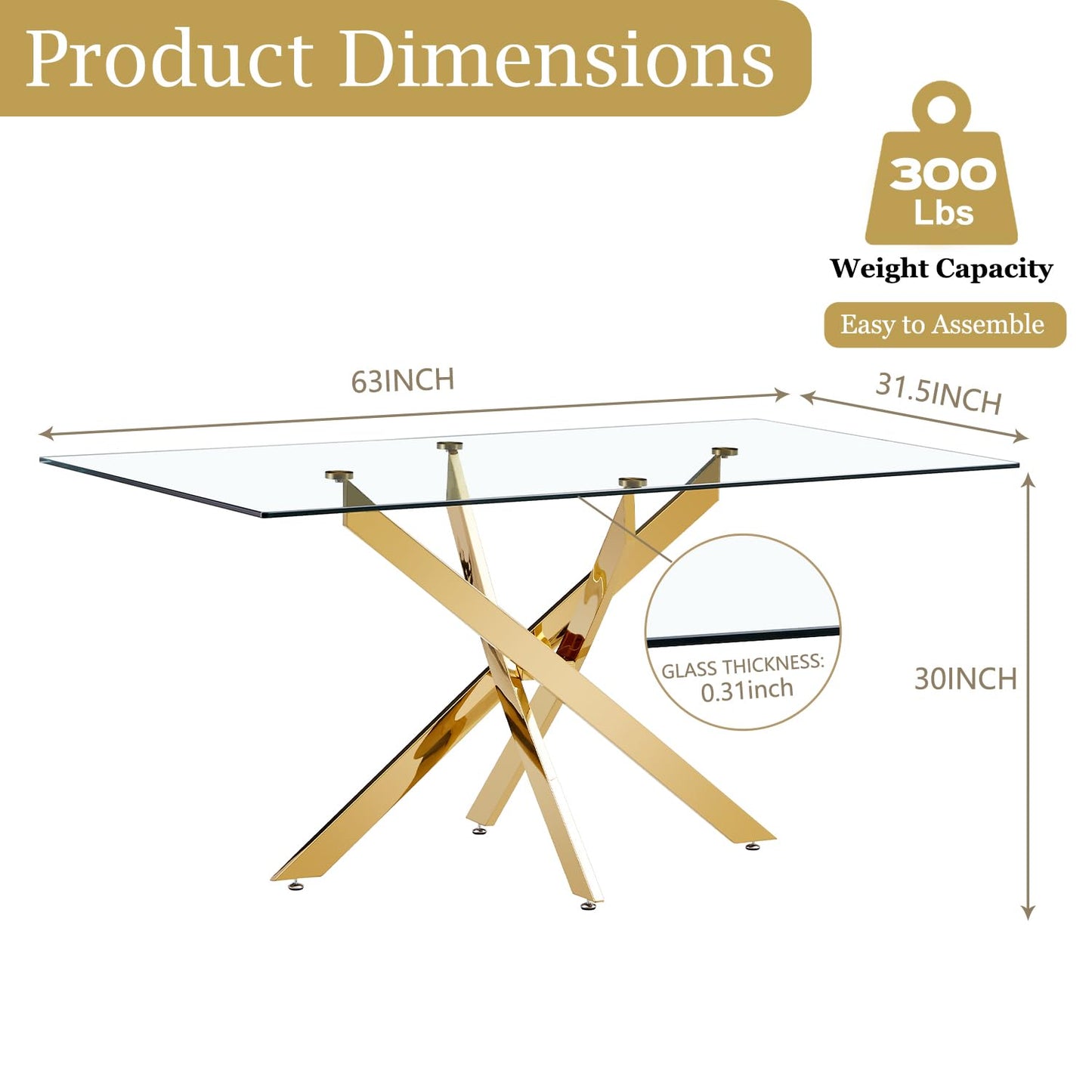 HAIZAO 63" Glass Dining Table for 4-6, Contemporary Rectangular Dining Room Table with Tempered Glass Top & Gold Finish Stainless Steel Legs, Modern Large Dining Table for Home Kitchen