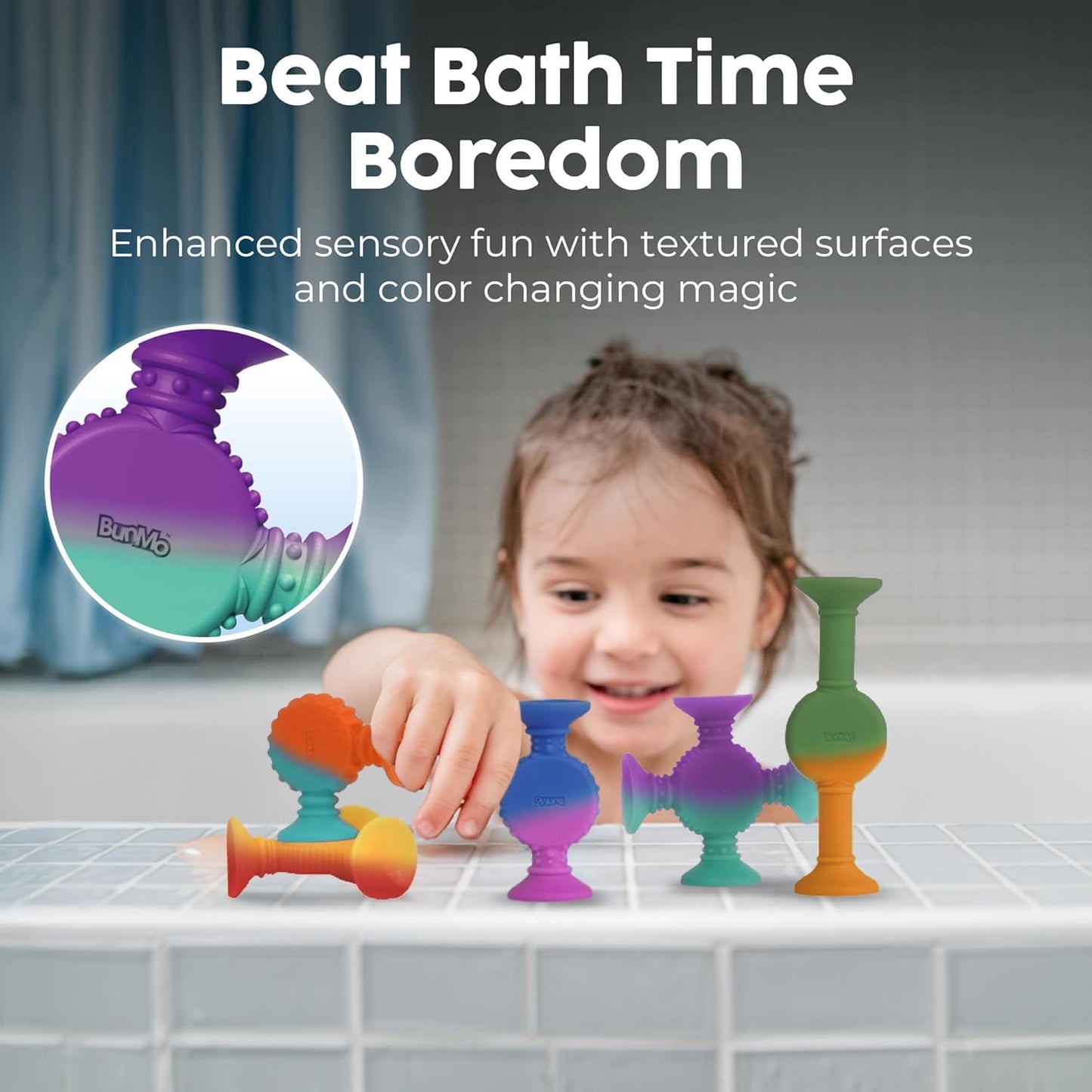 BUNMO Bath Toys Suction - Connect, Build, Create - Bath Toys - Hours of Fun & Creativity - Fine Motor Skills - Stimulating Sensory Toys - Non-Mouthable Toy 3+ - Color Changing 10 Pack