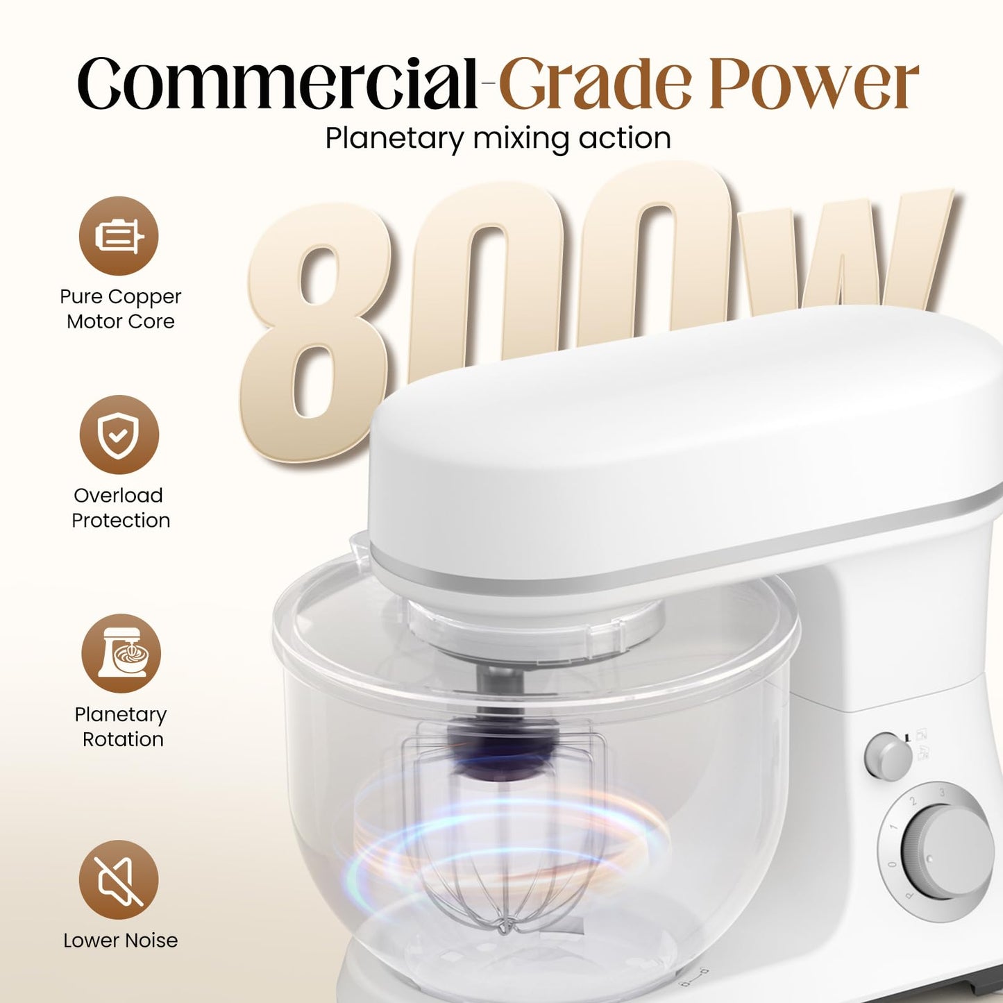 800W Stand Mixer with 5.3QT Bowl, 6-Speed with Pulse Electric Kitchen Mixer, Food Mixer with Dough Hook, Whisk, Beater Tilt-Head & Non-Slip Base for Cookie, Cake, Bread & Baking-White