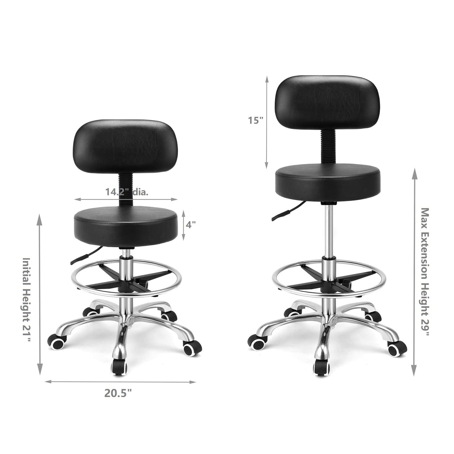 Kaleurrier Rolling Swivel Adjustable Heavy Duty Drafting Stool Chair for Salon Medical Kitchen Lab Clinic Dental Office and Home uses,with Wheels and Back Support (Black with Footrest)