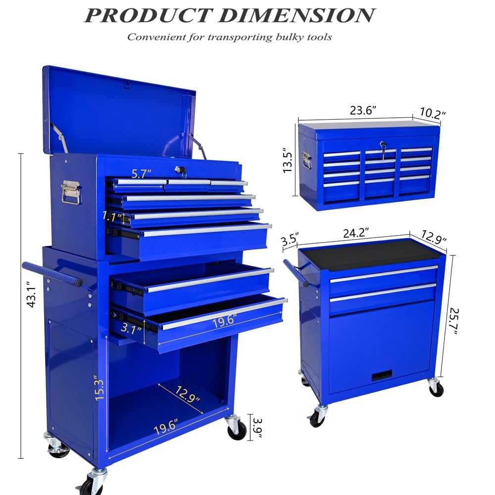 EcoExplorer 8-Drawer Rolling Tool Chest with Wheels & Detachable Top, Heavy-Duty Steel Toolbox for Garage, Workshop, or Warehouse, Includes Lockable Drawers, Hooks, Tray Dividers & Protective Liners