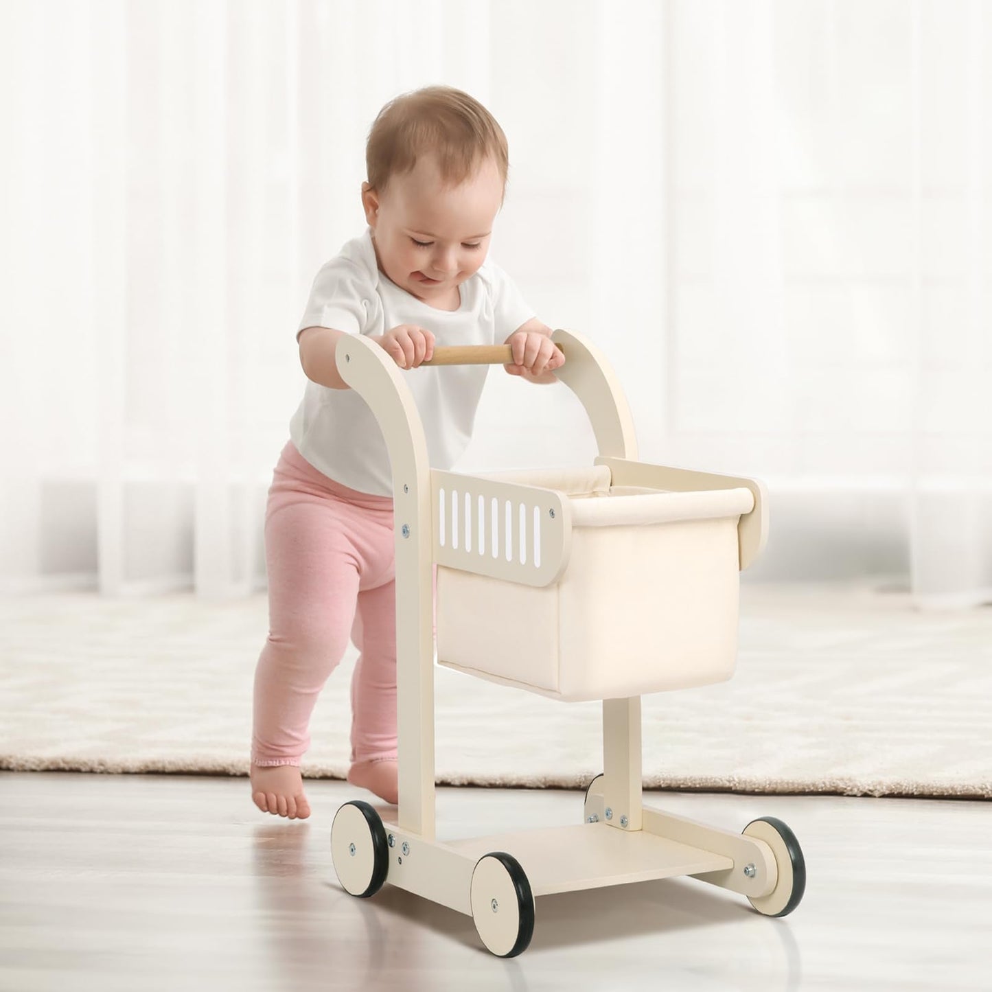 OOOK Baby Push Walker Doll Stroller, Wooden Baby Walker for Girls and Boys, Kids Shopping Cart for Toddlers, Kids Stand Learning Walker with 4 Wheels