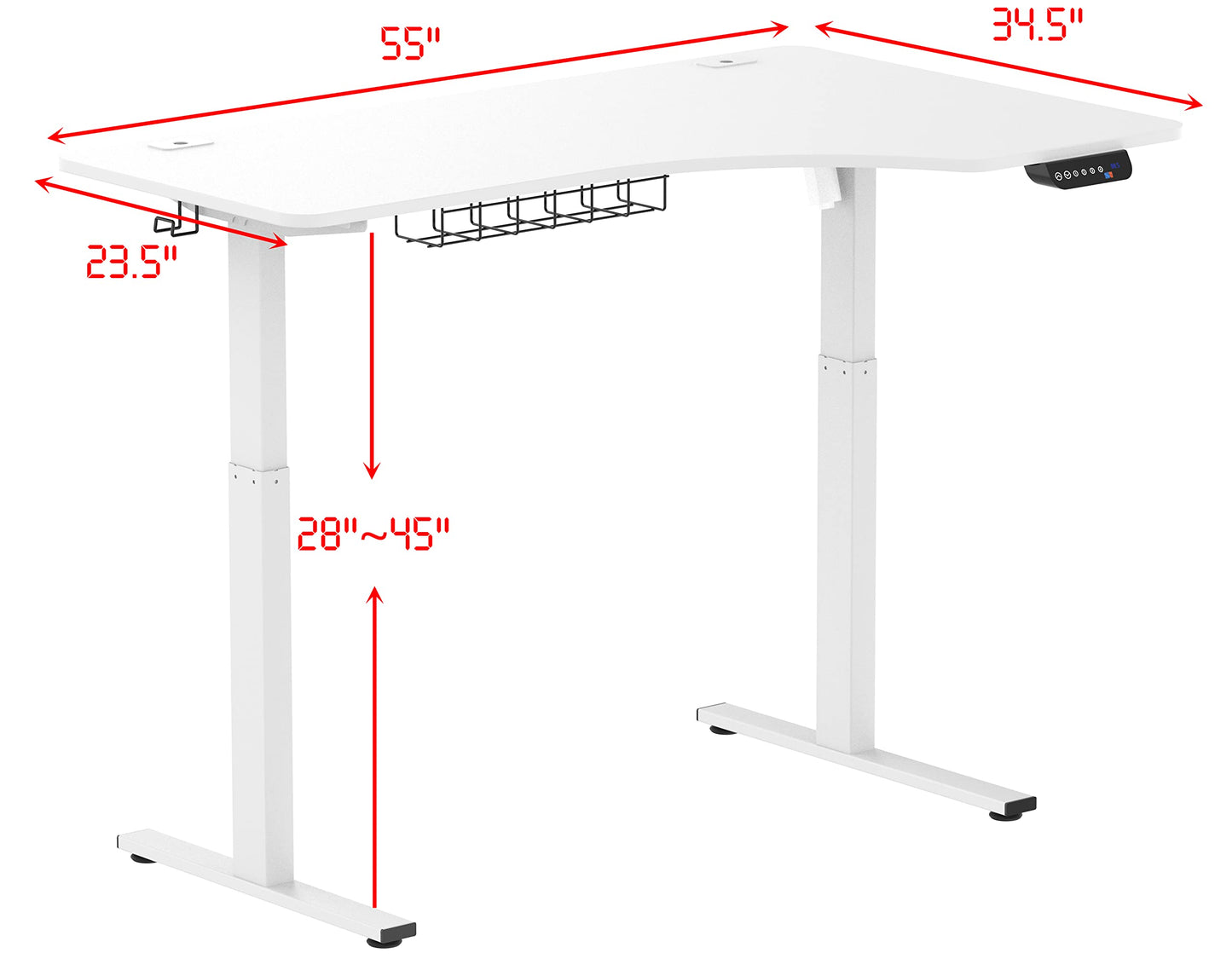 SHW 55-Inch Large Electric Height Adjustable L-Shaped Standing Desk with Right Facing Corner, White