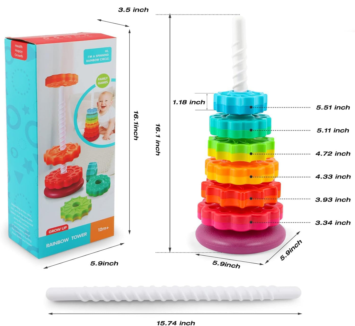 Eivaai Baby Spinning Stacking Toys Sensory Toys for Toddlers 1-3, Rainbow Ring Spin Montessori Toys for Babies 12 Months, Autism Learning Toy for 1 2 3 One Year Old Girl Boy Christmas Birthday Gifts