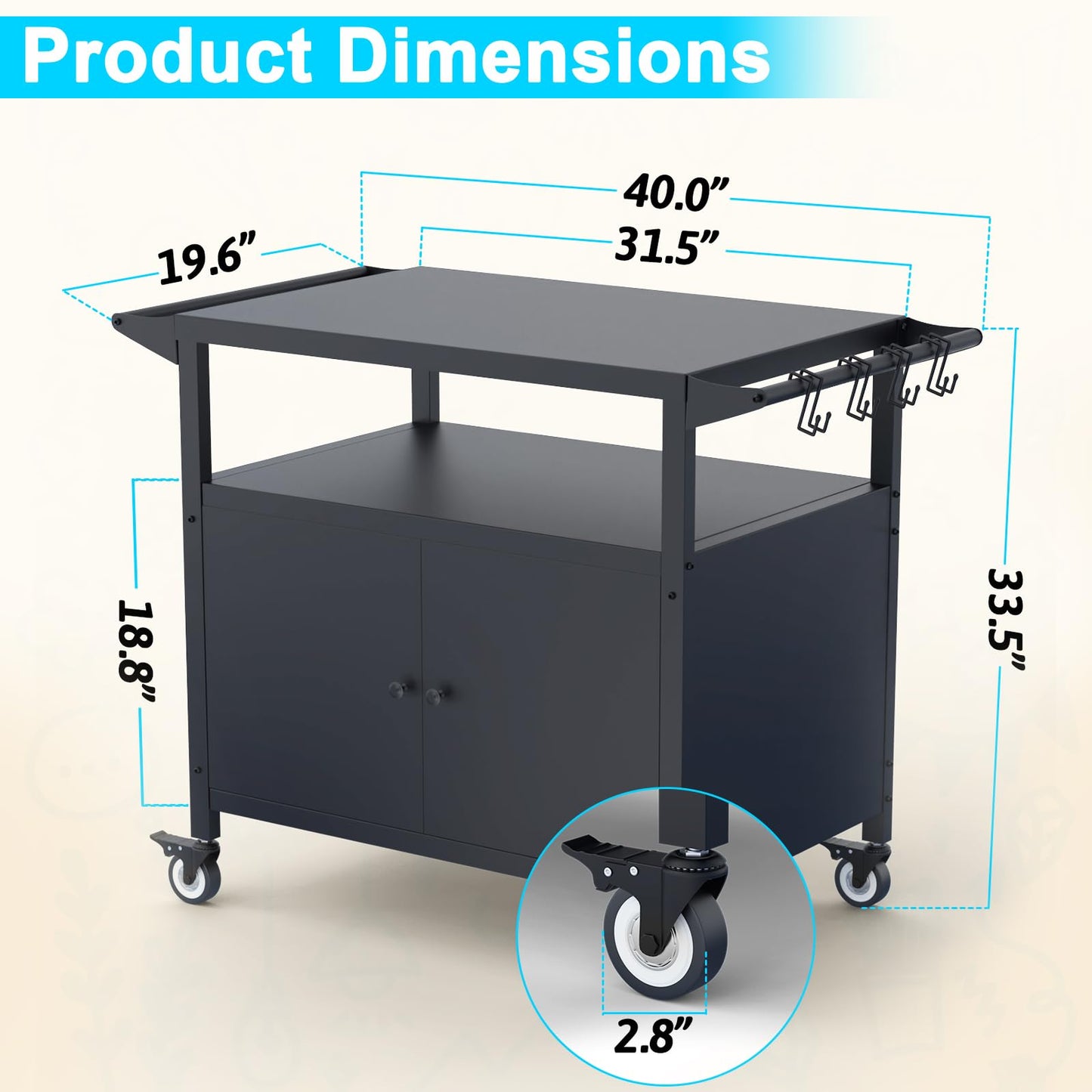 SEUNSHANY Outdoor Grill Table with Storage, Movable Grill Cart, Outdoor Kitchen Island Prep Stand Station,Blackstone Griddle Stand, BBQ Serving Cart Rolling Bar Cart with 4 Utensil Hooks 1