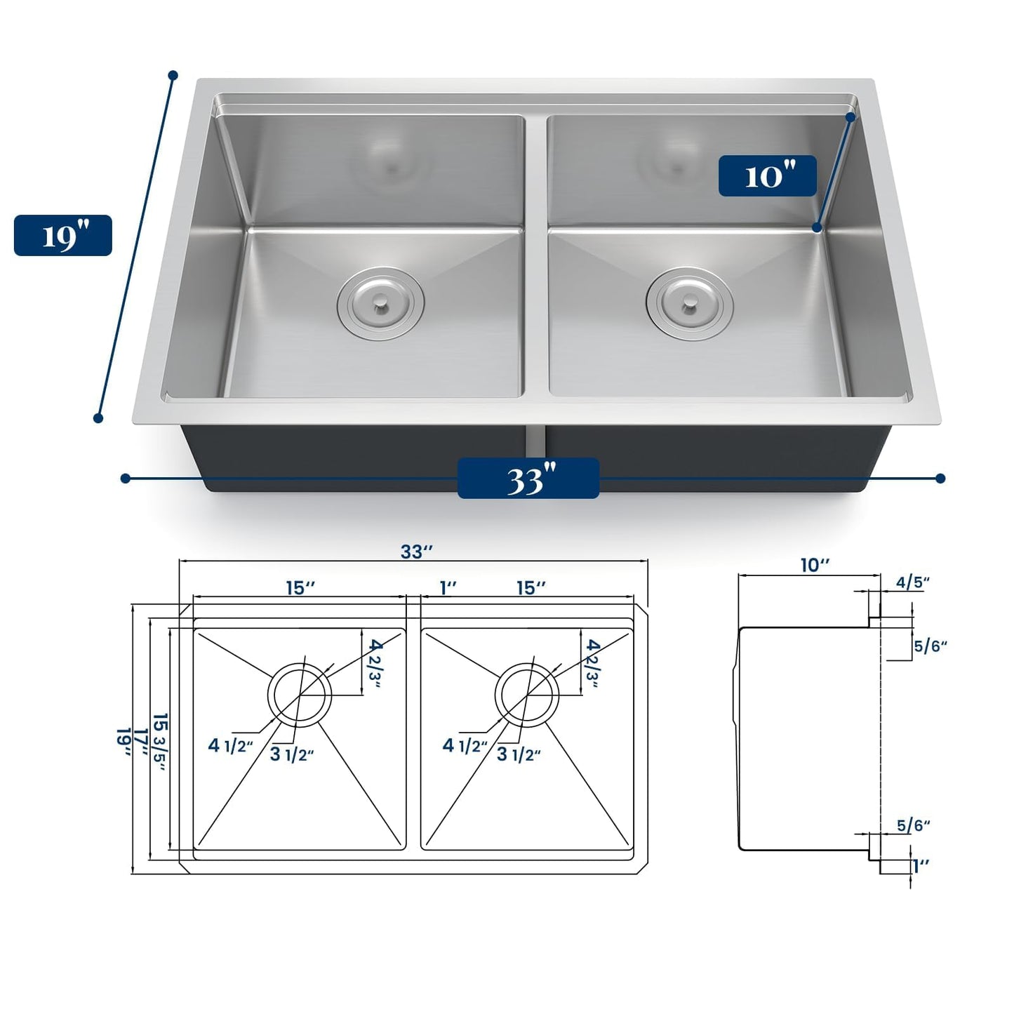 Kitchen Sinks,33×19×10 inch Double Bowl Undermount Workstation Kitchen Sink – 16 Gauge Stainless Steel, Brushed Finish, Deep Basin with Ledge, Bottom Grids & Drain Assembly Included