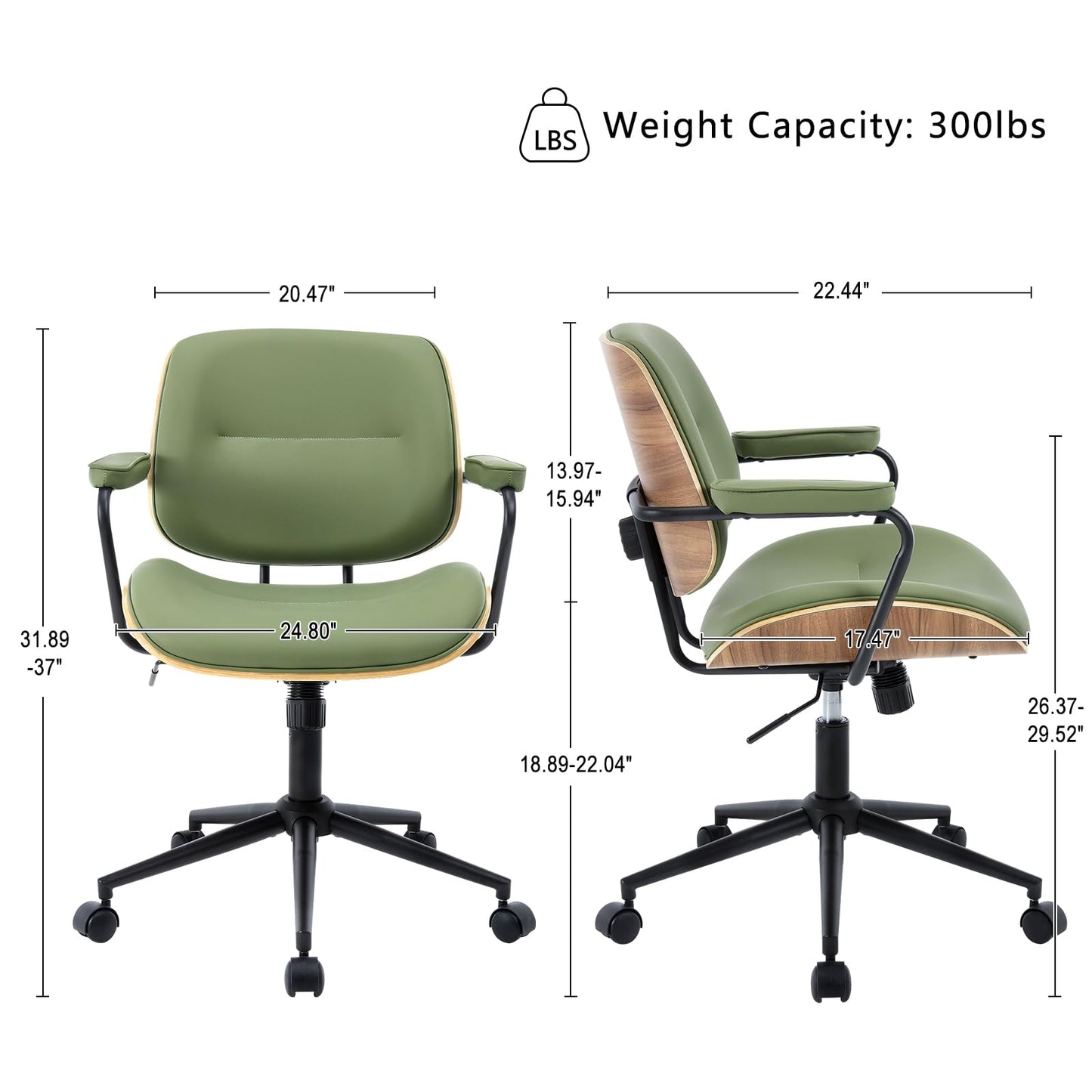 BV Mid Century Modern Office Chair Set of 1, Swivel Rolling Deak Chair with Armrests and Walnut Back, Adjustable Desk Chair for Home Office, Green