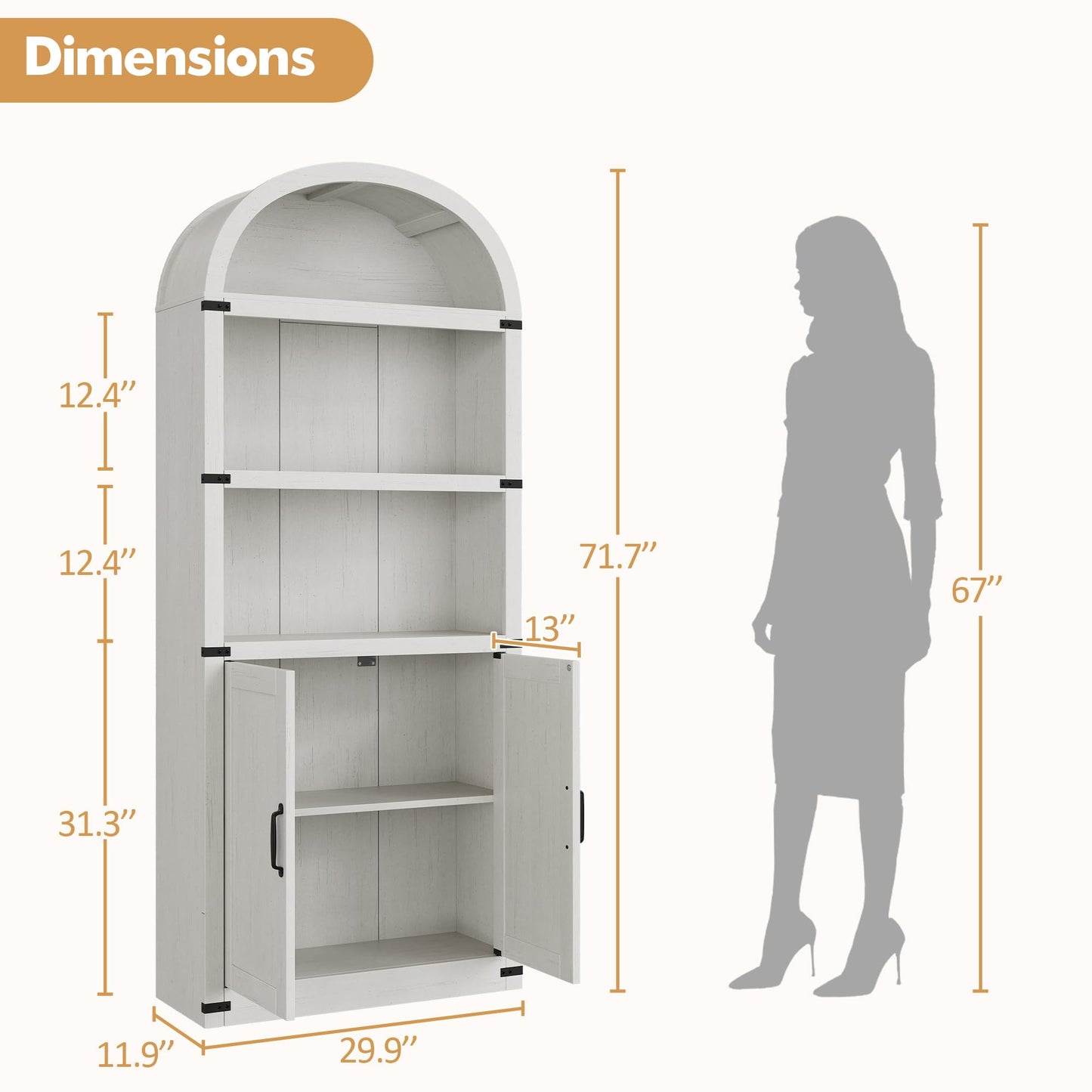 GarveeHome Bookcase with Doors Arched Bookshelf 71.65 in Tall Bookcase Farmhouse Cabinet with Shelves Wooden Bookshelves for Home Office, Living Room
