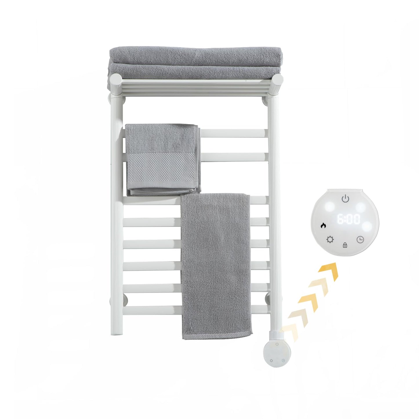 Wall Mounted Towel Warmer Rack, 8 Bars Heated Towel Warmer Rack with Intelligent Digital Display,Built-in Smart Timer,104℉-149℉, with Top Shelf for Bathroom (White)