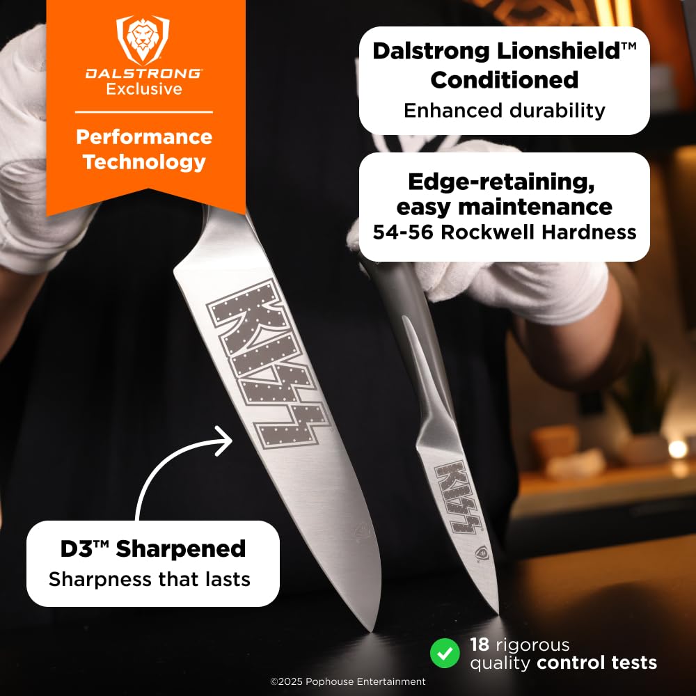 Dalstrong 2 Piece Knife Set - KISS™ Edition Official License - 8 inch Chef Knife + 4 inch Paring Knife - German X50CRMOV15 Stainless Steel - Collector Pin - Premium Leather & Chain Sheaths