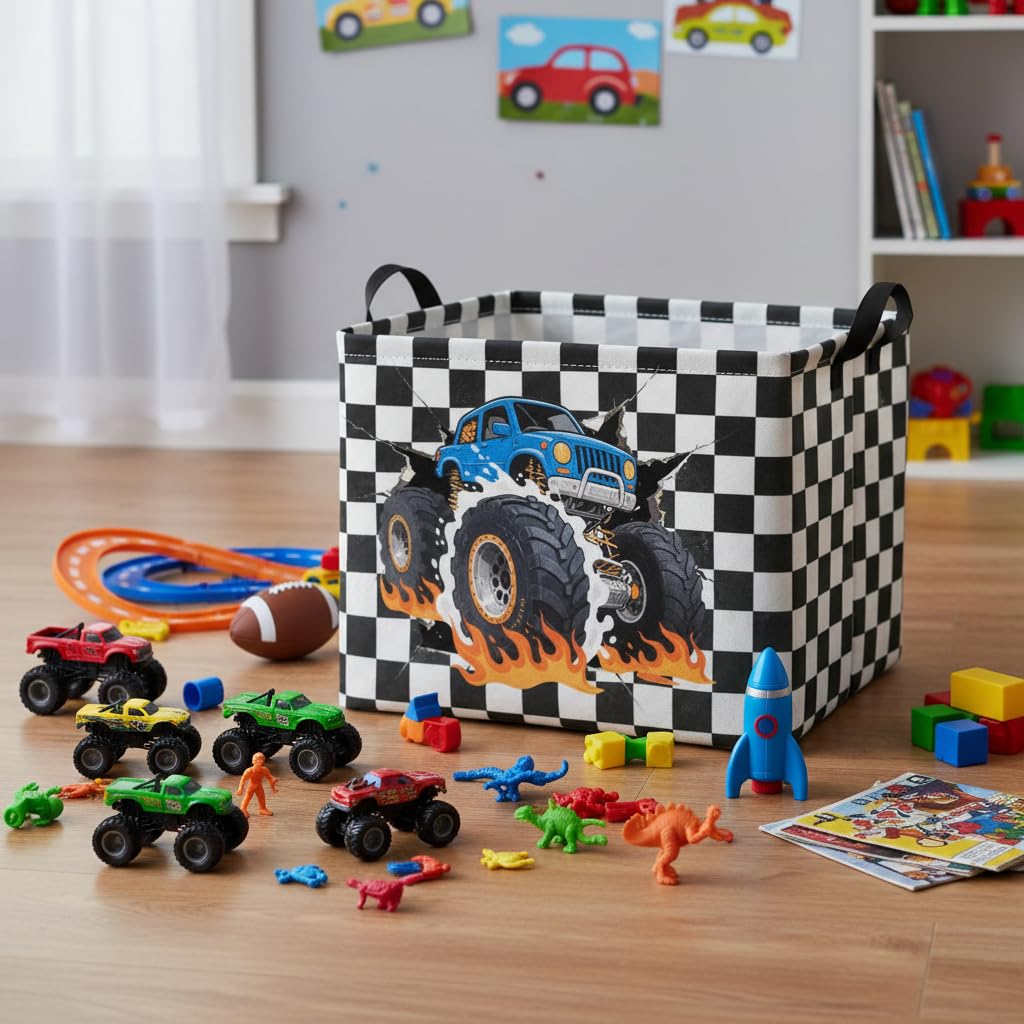 TIBAOLOVER Rectangular Baby Kids Storage Basket for Home Kitchen Girls Cute Toy Storage Bin Organizer Shelf Book Room Decor(Checkered Truck)
