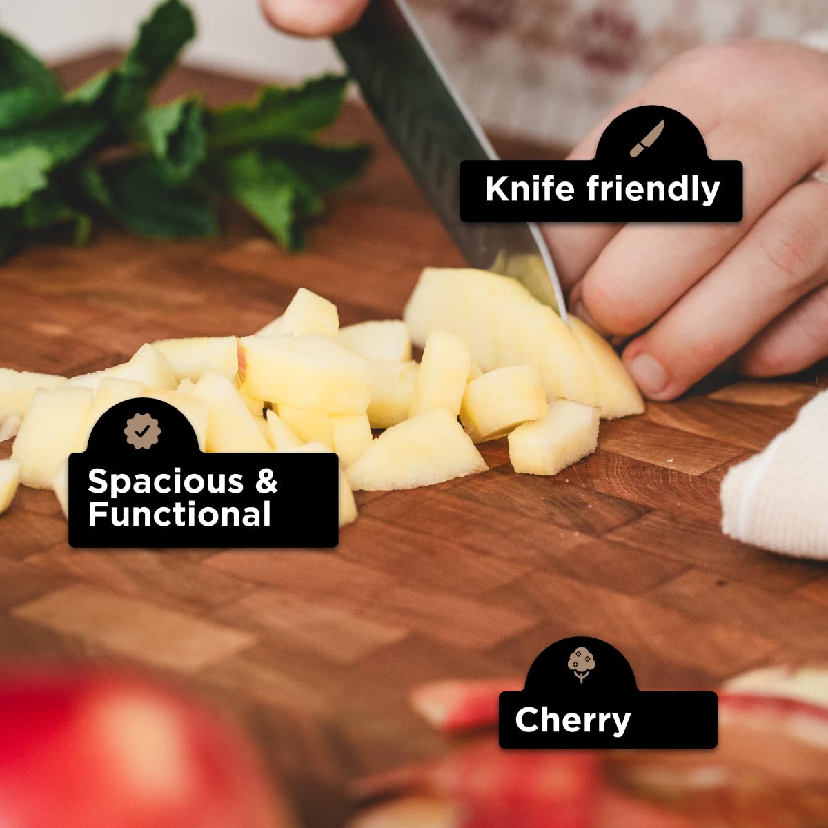 WoodForChef Heritage Cherry End Grain Board – Heavy Butcher Block Board with Feet & Mineral Oil Bottle – Foodsafe Wooden Prep Deck for Kitchen & Professional Chefs - 18x16x2 inches