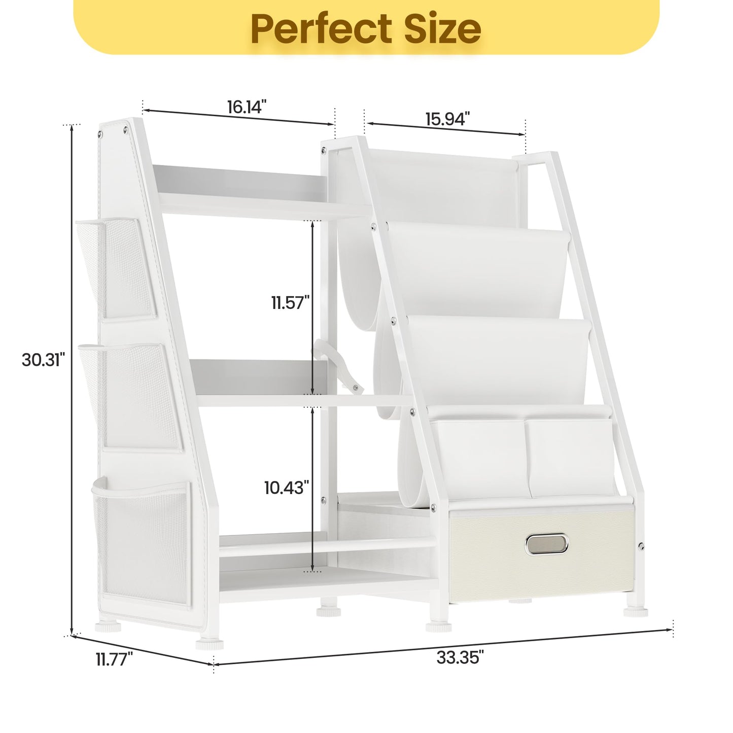 Kids Bookshelf and Toy Storage Organizer: White Book Shelf for Kids Room with Drawer to Storage Books and Toys Organizer - 3 Tire Toddler Bookshelf with 3 Side Pockets for Nursery, Bedroom, Playroom