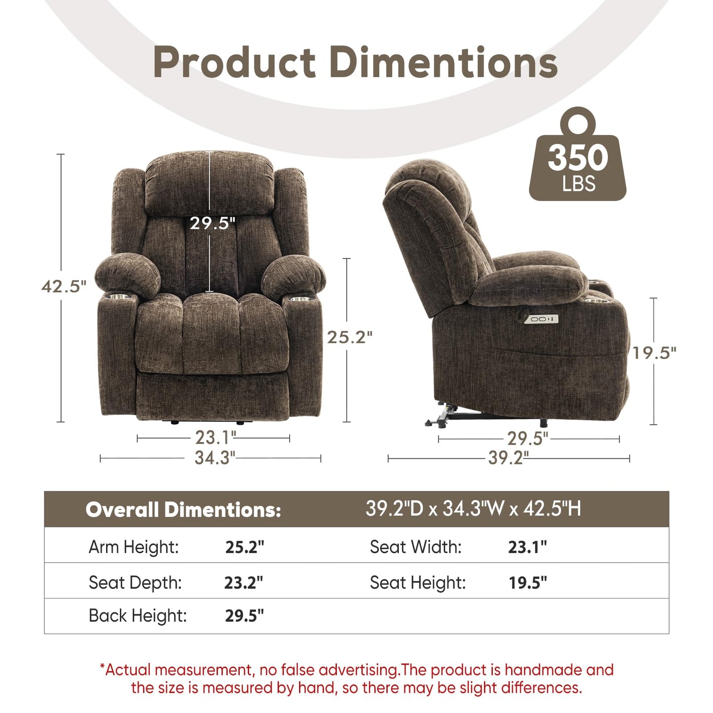 ABCASA Large Power Lift Chairs Recliners for Elderly with Heat & Massage, Upgraded Chenille Recliners, USB-A & C, Cup Holder, Side Pocket, Brown