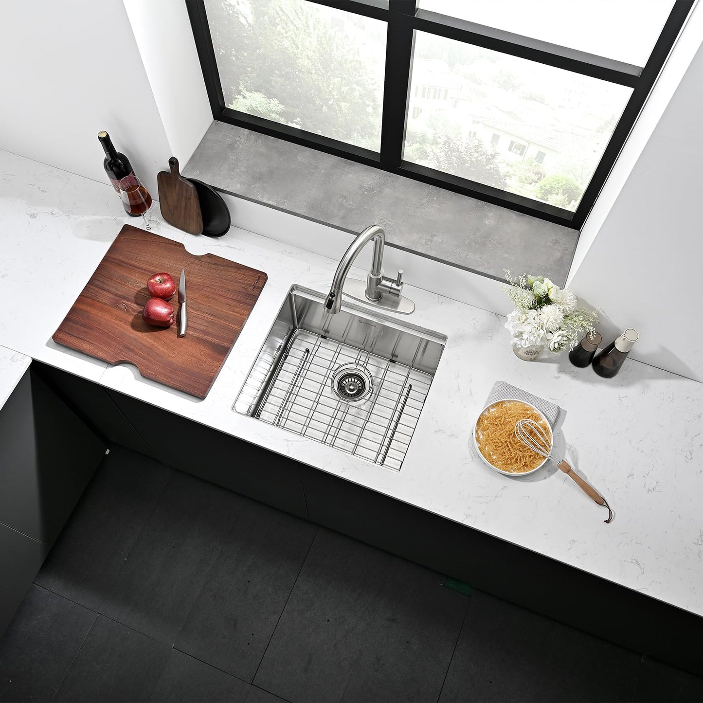 EcoChannels Undermount Kitchen Sink, 21 x 19 Inch Sink Kitchen 16 Gauge Stainless Steel Kitchen Sinks Single Bowl Workstation Sink with Cutting Board