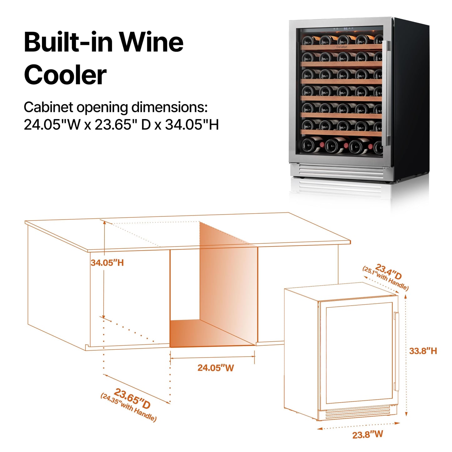Ca'Lefort 24 Inch Wine Fridge - 61 Bottles Wine Cooler with Glass Door, 40-65° Temp Control, Adjustable Shelf & 3 LED Light Built-in or Freestanding for Home Bar Kitchen Left-Hinged Door