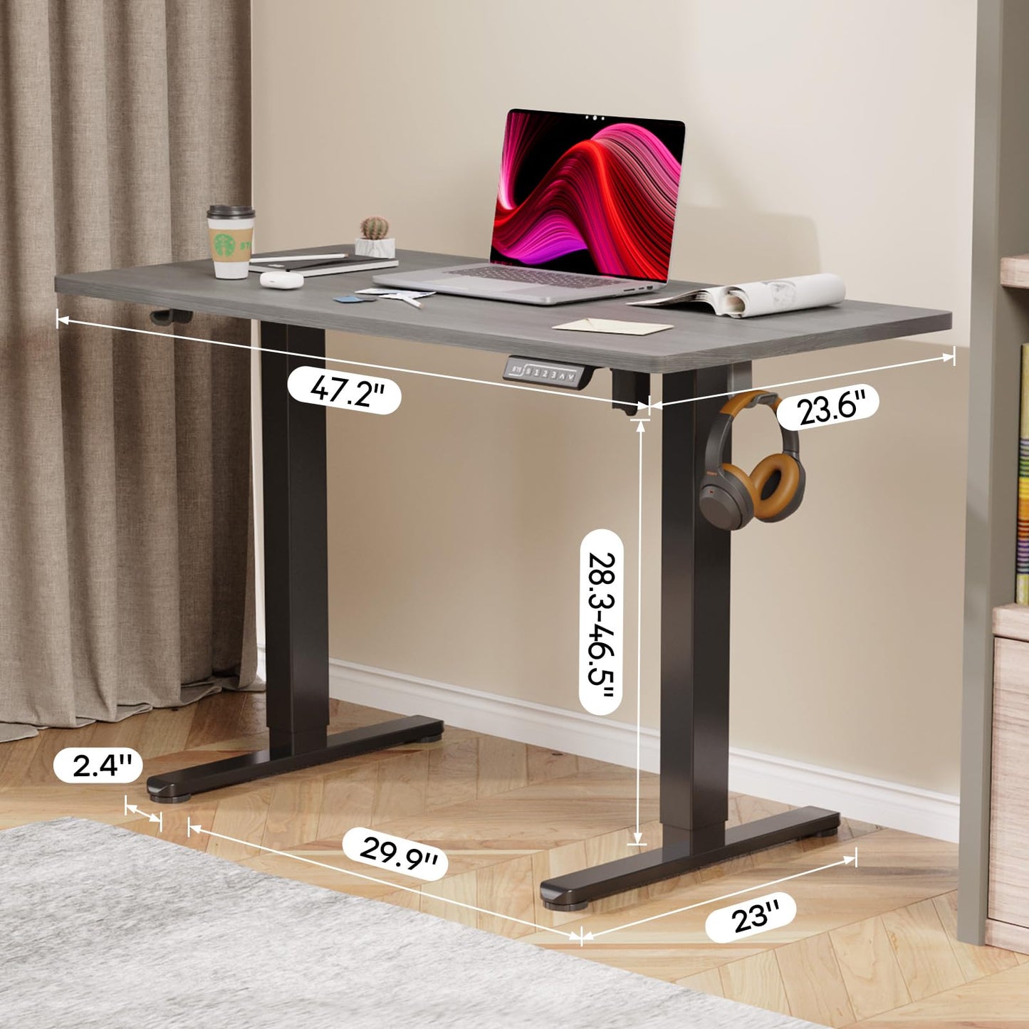 JYLH JOYSEEKER Grey Standing Desk, 48 X 24 Inch Adjustable Height Electric Table, Sit Stand Desk with 2 Hooks, Ergonomic Rising Workstation with Splice Board