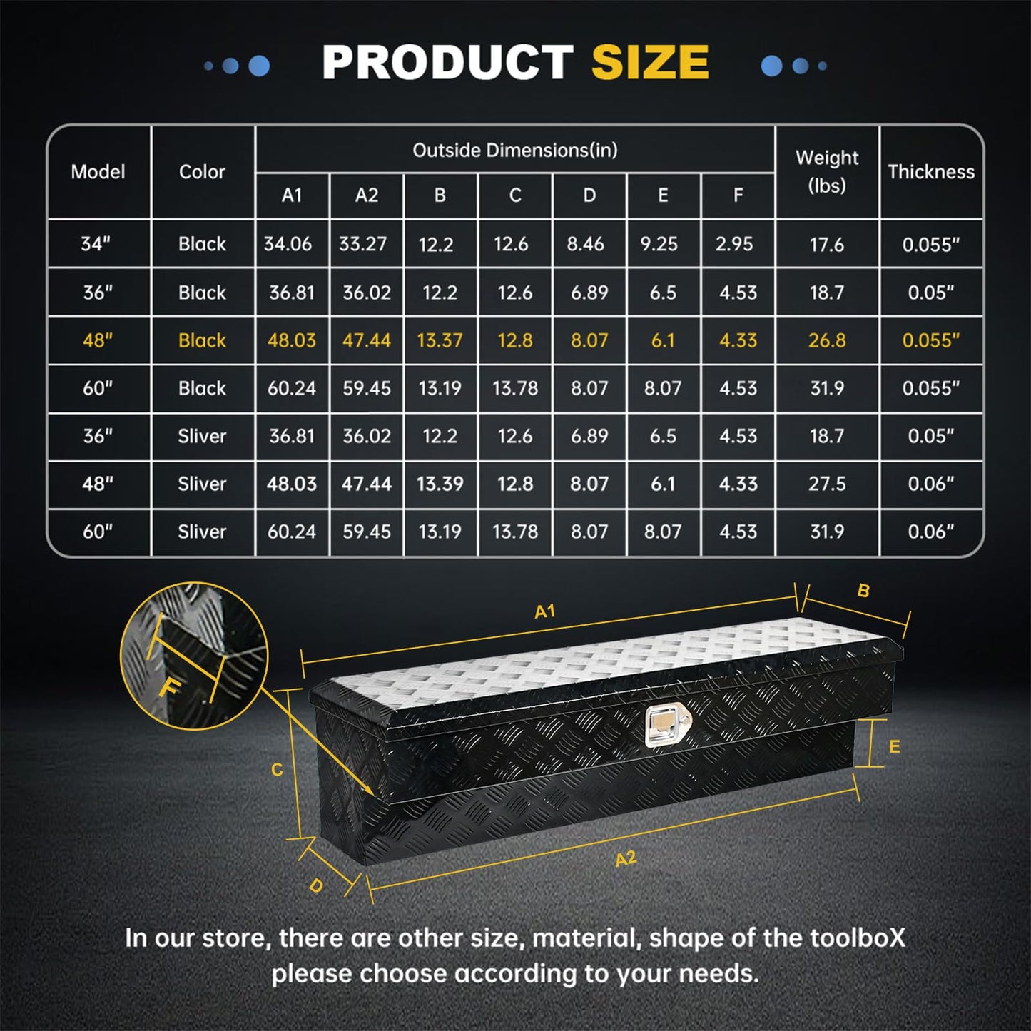 WULAZMU 48"x13.4"x13" Aluminum Truck Side Tool Box, Heavy Duty 5 Bar Tread Side Mount Tool Box with Paddle Latch & Keys, Black