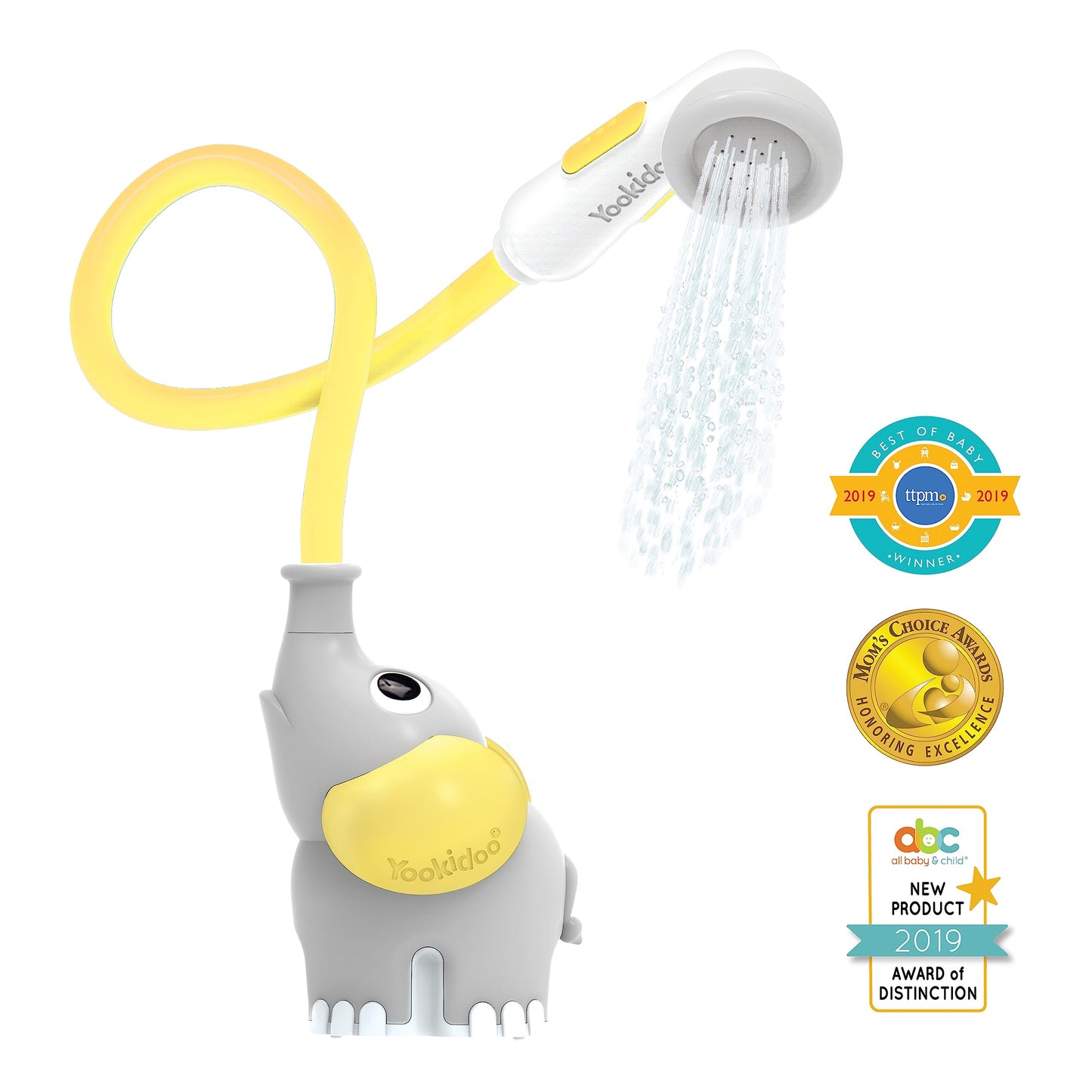 Yookidoo Baby Bath Shower Head - Elephant Water Pump and Trunk Spout Sprayer and Rinser-Control Water Flow from 2 Knobs Baby Bath Time Essentials for Newborn Babies in Tub Or Sink (Yellow)