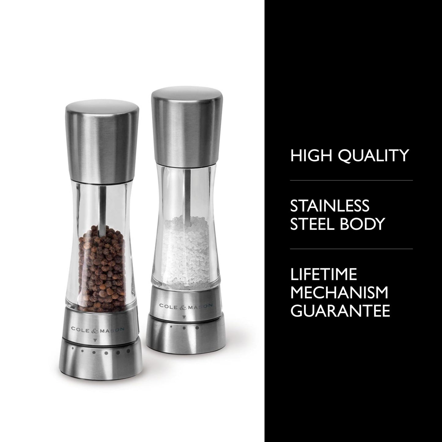 Cole & Mason Derwent Salt & Pepper Mill Grinder Set - Adjustable Grind Settings - Sea Salt & Black Peppercorn for Easy Refill - Stainless Steel