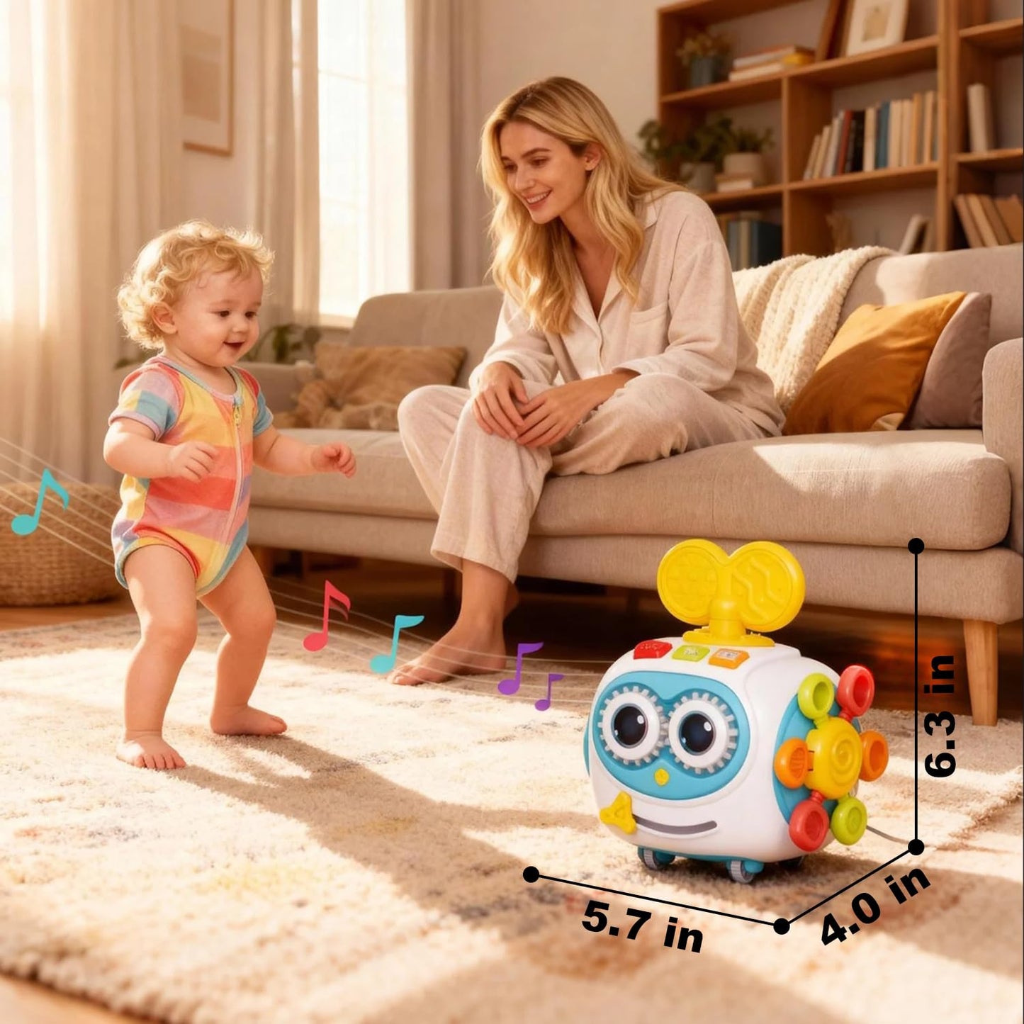 MoraBaby Robot Musical Busy Cube for Toddlers 1-3 Years Old, Montessori 6-in-1 Activity Cube with Lights & Sounds, Wheels for Tummy Time & Crawling Training, Birthday Gifts for Baby boy & Girl