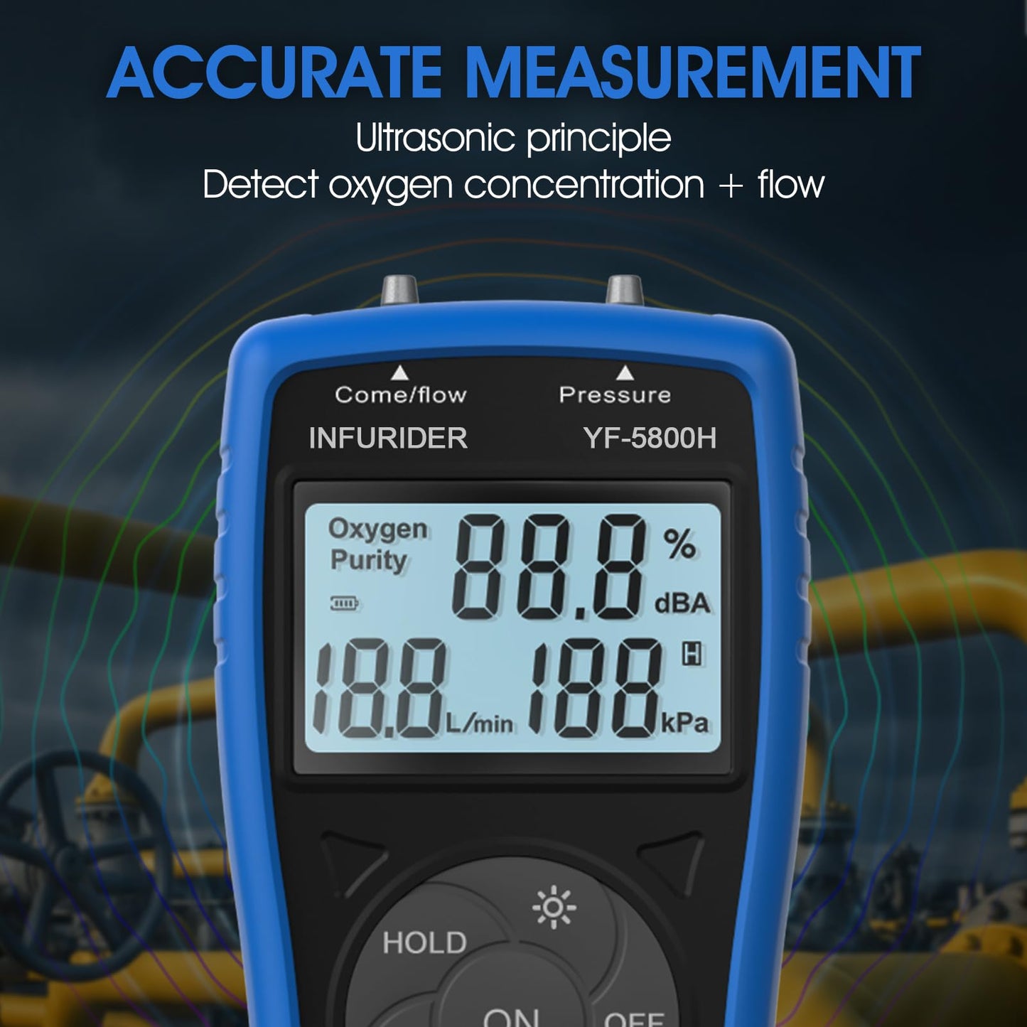 Gas Detector Oxygen Detector, YF-5800H Ultrasonic Oxygen Detector for Oxygen Concentration Pressure and Flow, Handheld Natural Gas Detector for PSA Oxygen Concentrator, Data Hold Gas Meter
