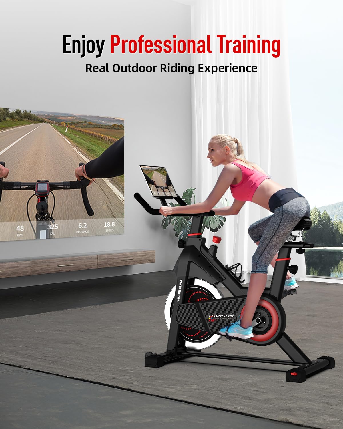 HARISON Exercise Bike, Magnetic Stationary Bike for Home Gym, Adjustable Resistance Quiet Dual-Belt Indoor Cycling Spin Bike with 380lb Capacity, APP Connectivity, Push-to-Stop, 6-Level Handlebar