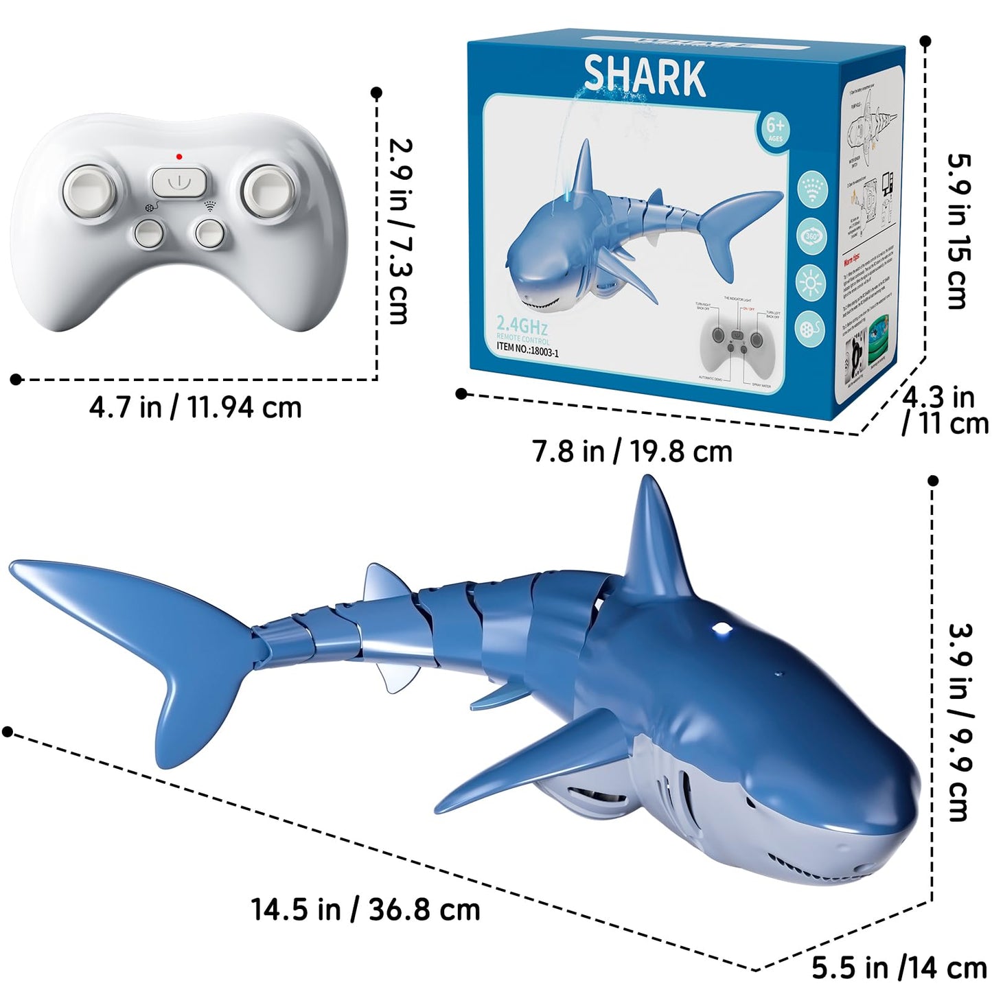 Remote Control Shark Toys for Boys Kids, 1:18 Scale High Simulation Shark for Pool, 2.4Ghz Electric RC Fish Boat Toys with Light & Spray, Toy Sharks Gifts for 6 7 8 9 Year olds Kid Boys Girls