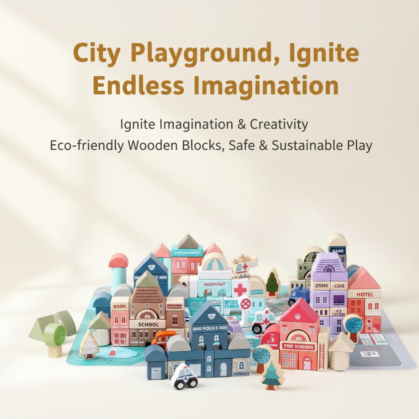 Migargle Wooden Building Blocks Set, 115 Pcs City Construction Stacker Stacking Preschool Learning Educational Toys, Toddler Toys for 3+ Year Old Boy and Girl Gifts