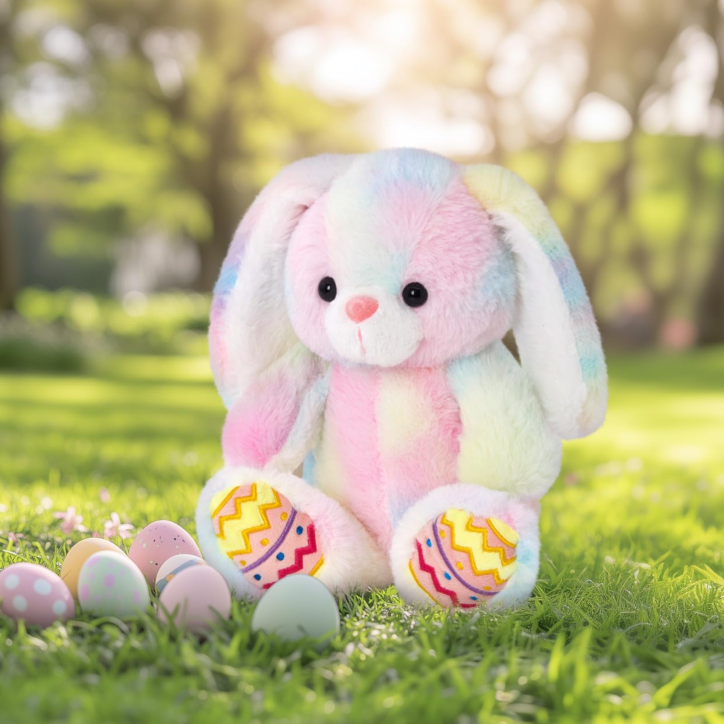Glow Guards Easter Plush Bunny Stuffed Animal, Musical Light up Rainbow Stuffed Bunny, Singing Rabbit Stuffed Animal Toy with Floppy Ear Bunny Easter Gifts Bedtime Friend for Baby Girls Boys Kids, 10"