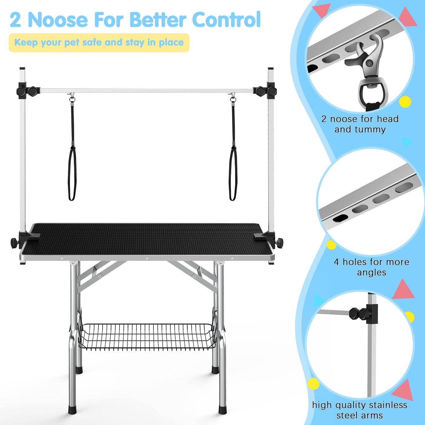 Lyromix 36''Large Dog Grooming Table, Adjustable Cat Drying Desktop with Arms, Nooses, Mesh Tray, Foldable Pet Station at Home, Maximum Capacity Up to 330Lb, 36inch, Black