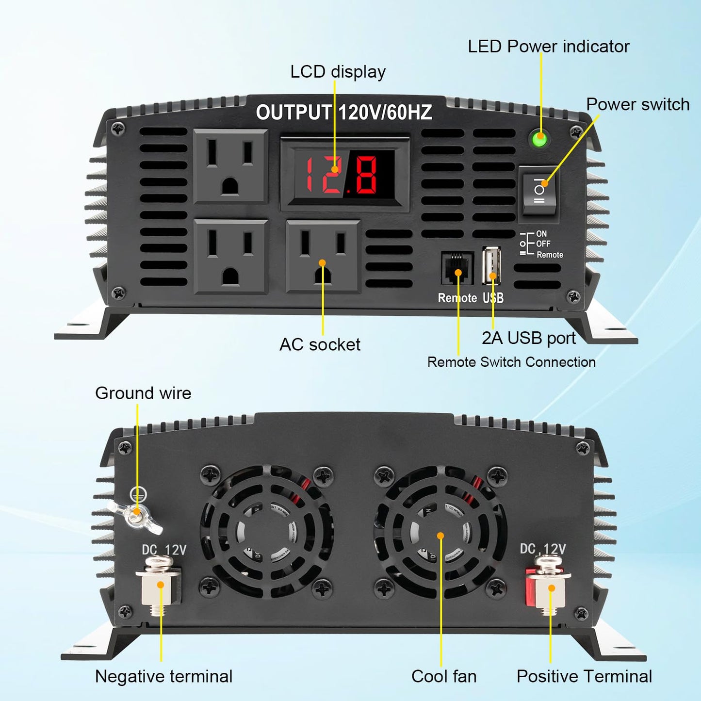 TVNIKD 2000 Watt car Power Inverter 12V to 110V/120V Inverter for car Truck semi Truck Vehicles Camping with 1 USB Ports and 2 AC Outlet Power Converter with LCD Display 2000W Inverter