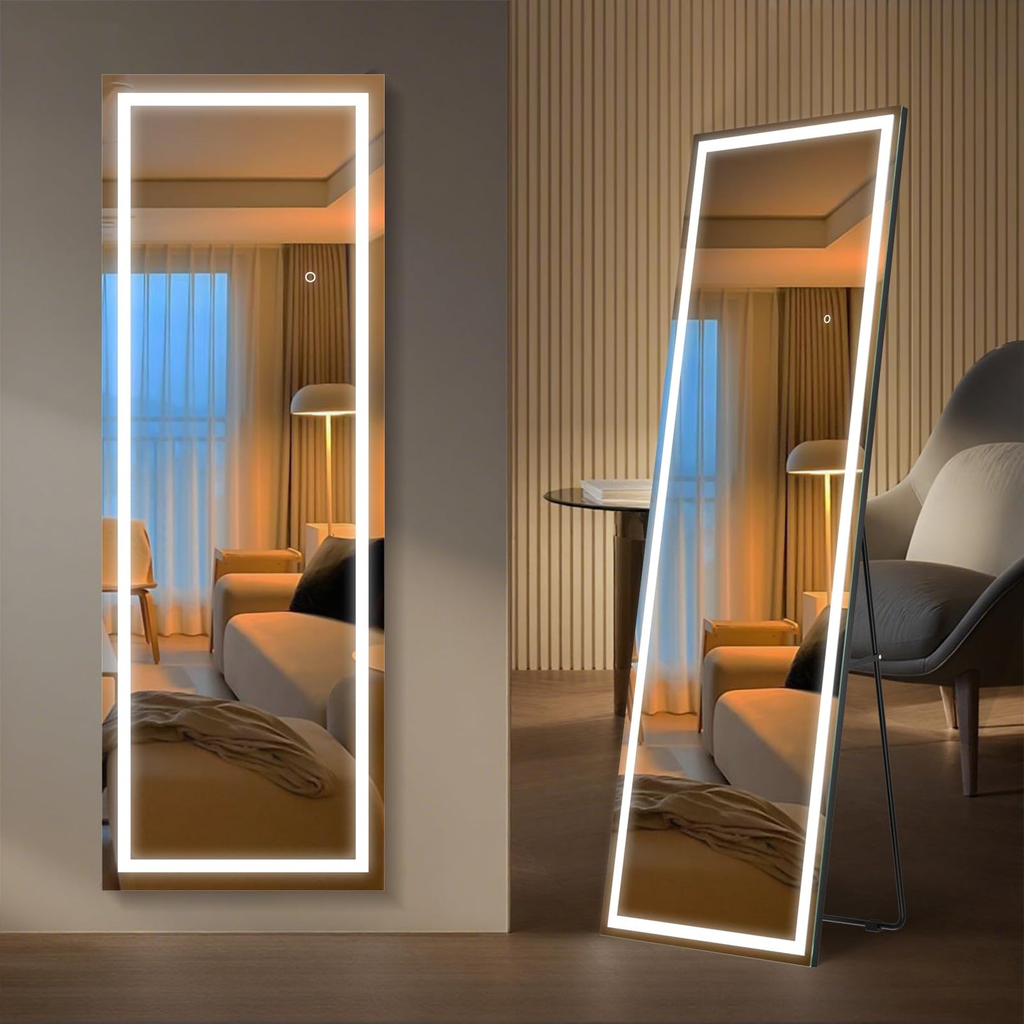 Kosmonia 65x22 Frameless Full Length Mirror, Dimmable 3 Color LED Light w/Memory Function, Distortion Free, HD Reflection & Anti Desilvering, Tempered Glass & Shatter Proof Film Doubling Safety