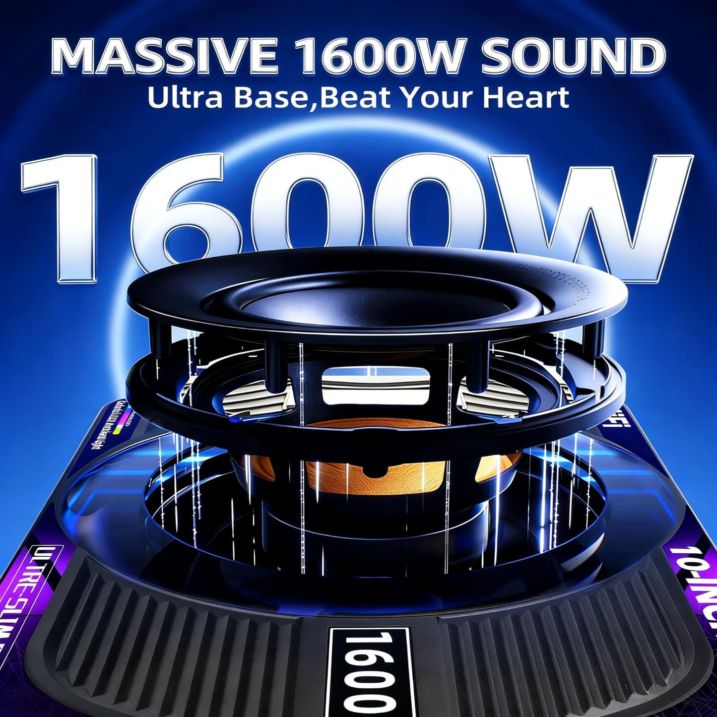 WDiYA 2026 Upgraded 1600W 10" Slim Under Seat Subwoofers with Amp & LED Ambient Lights for Truck/Car - Deep Bass, Individual Controls (LPF/Gain/Bass Boost), High Output Distortion-Free Audio