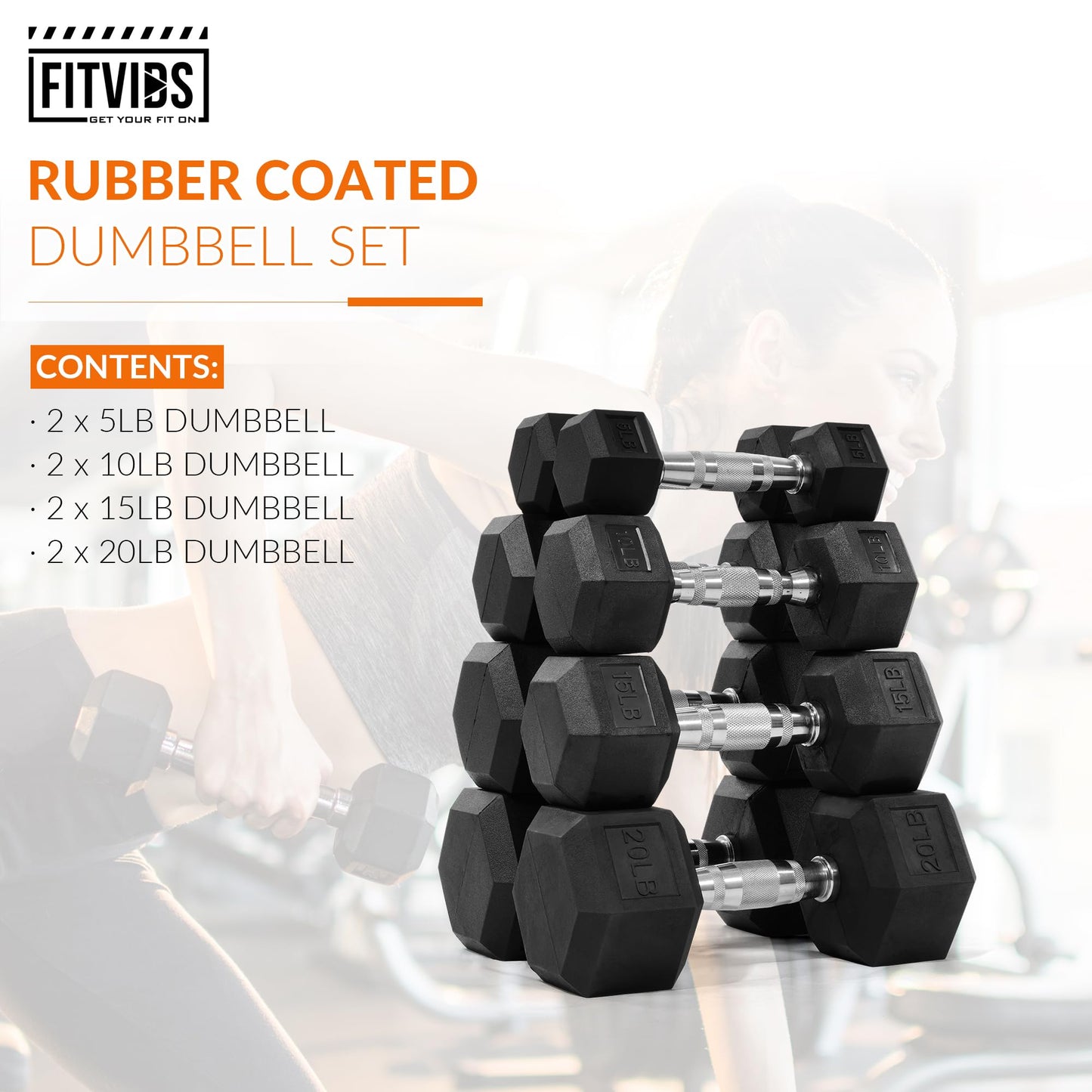 Fitvids 100LB Rubber Encased Hex Dumbbell Weight Set Contoured Handle for Muscle Toning, Strength Building & Full Body Workout