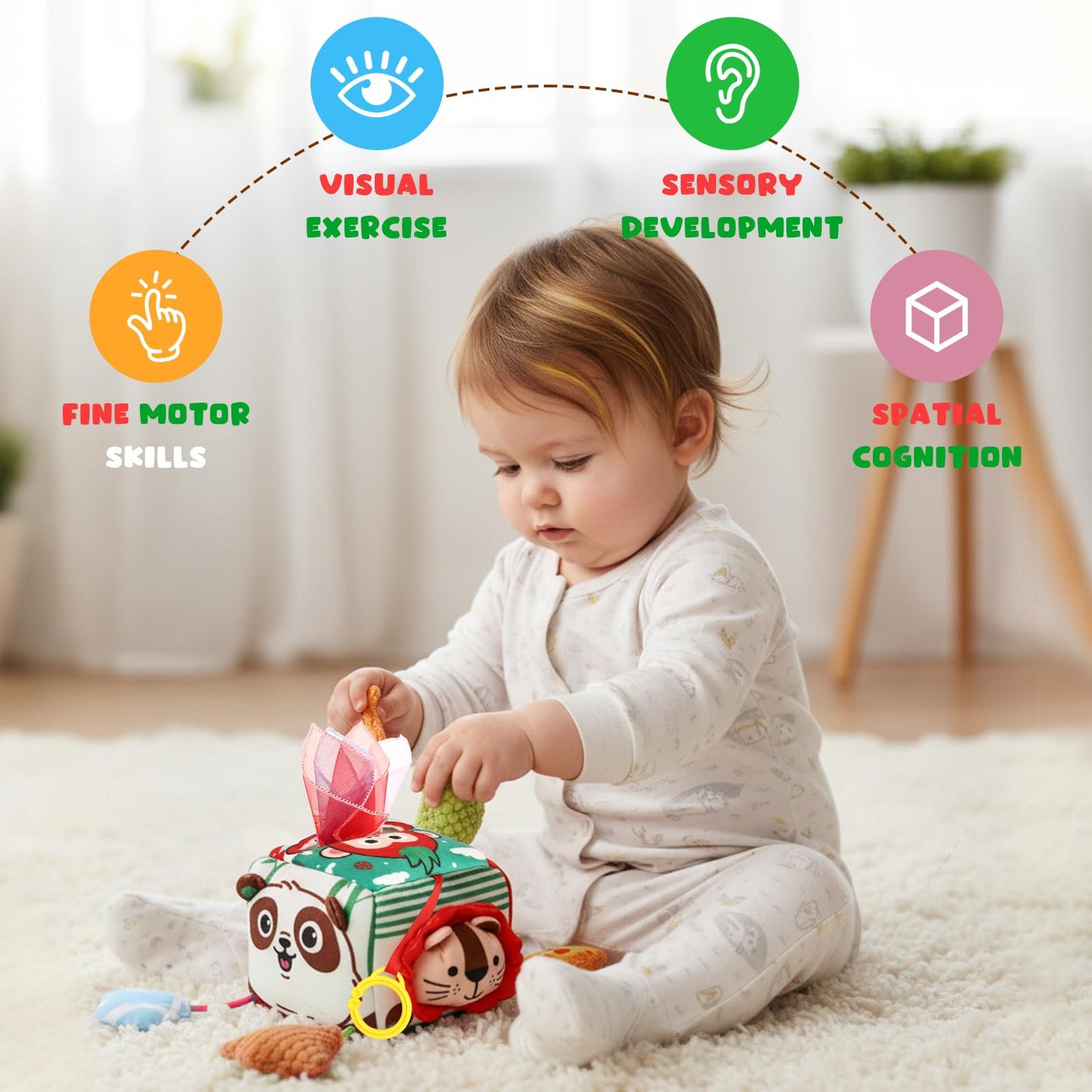 YOGINGO Montessori Toys for 1 Year Old - Tissue Box Baby Toys, Soft Stuffed High Contrast Crinkle Infant Sensory Toys, Boys&Girls Kids Early Learning Gifts