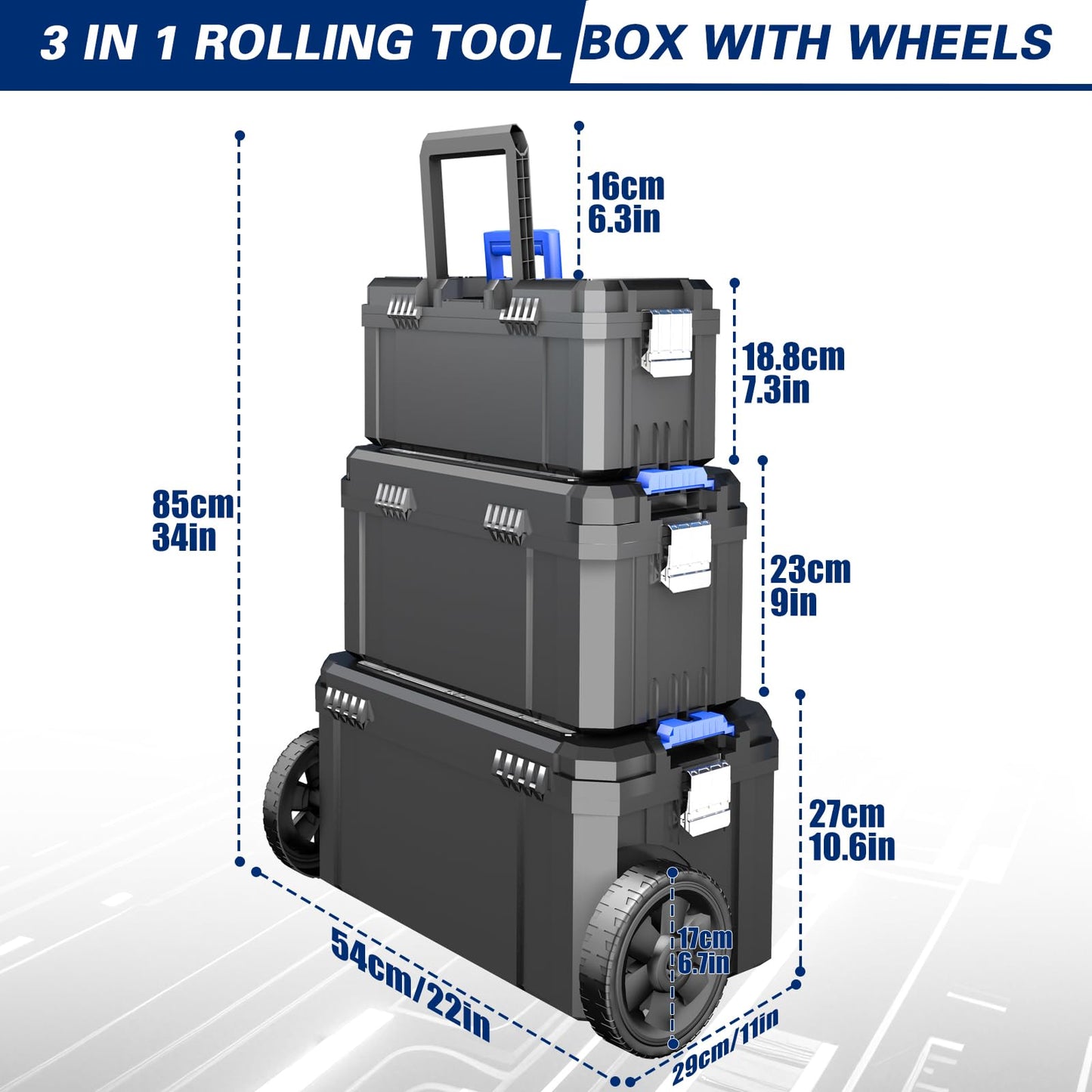3 IN 1 Rolling Tool Box With Wheels,Stackable Tool Box,Modular Tools Storage Organizer,Top Small Parts Organizer Design,With Removable Small Parts Box,for Home,Repair,Garage Storage,17 IN+19 IN+21 IN
