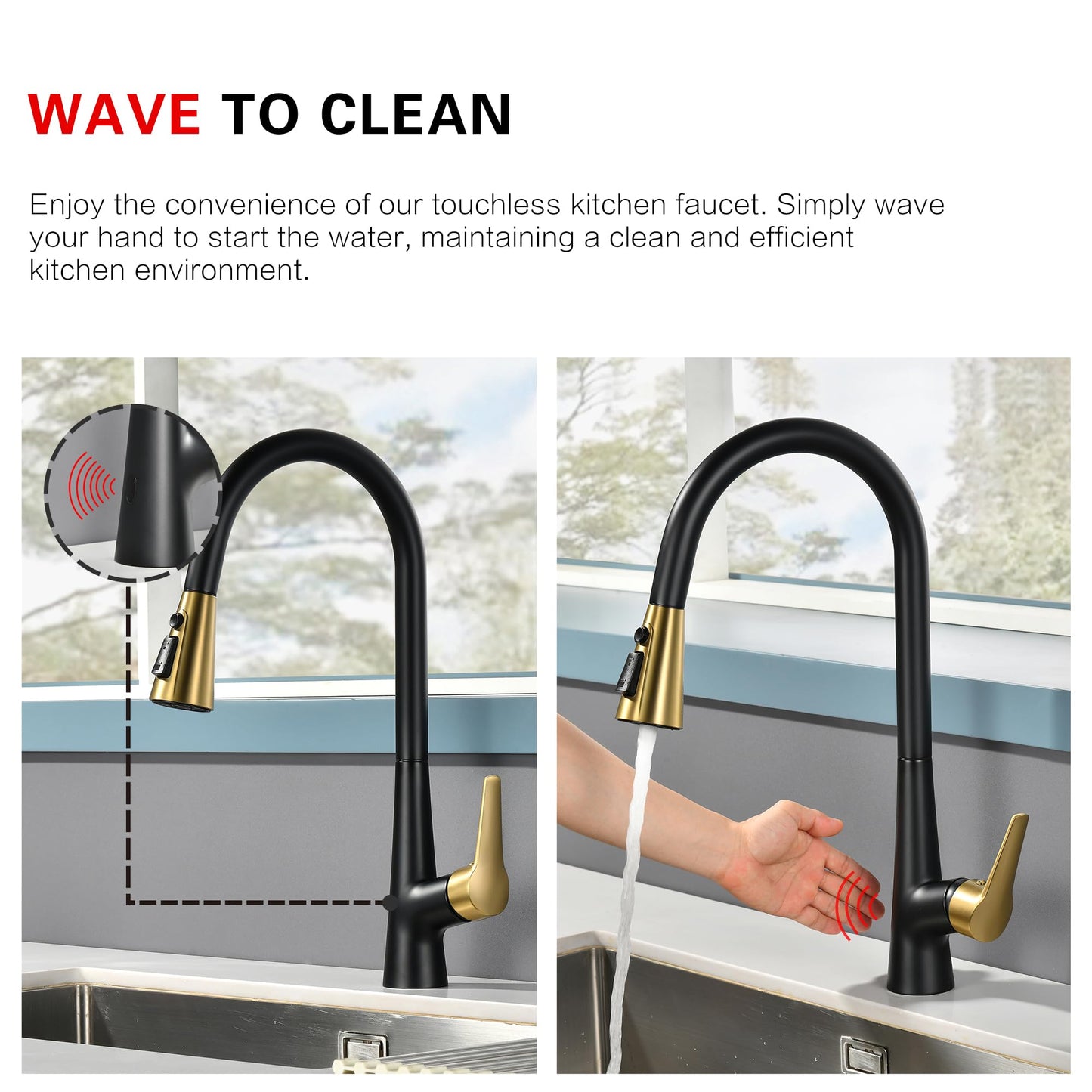 sumerain Hands-Free Touchless Kitchen Sink Faucet Single Handle Black and Gold Motion Sensor Pull Down Kitchen Faucet