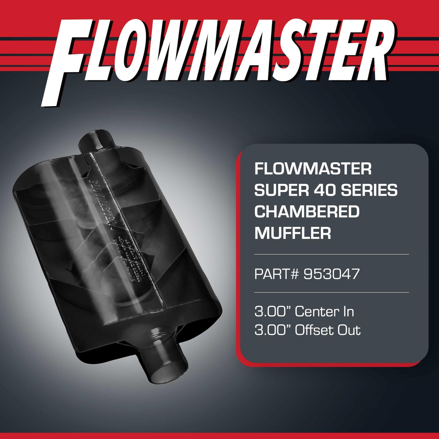 Flowmaster Super 40 Series Chambered Muffler - 3.0” Center In/Offset Out - Aggressive Sound - Aluminized Steel - Perfect for Muscle Cars, Lifted Trucks, Street Rods, and High-Torque Builds (953047)